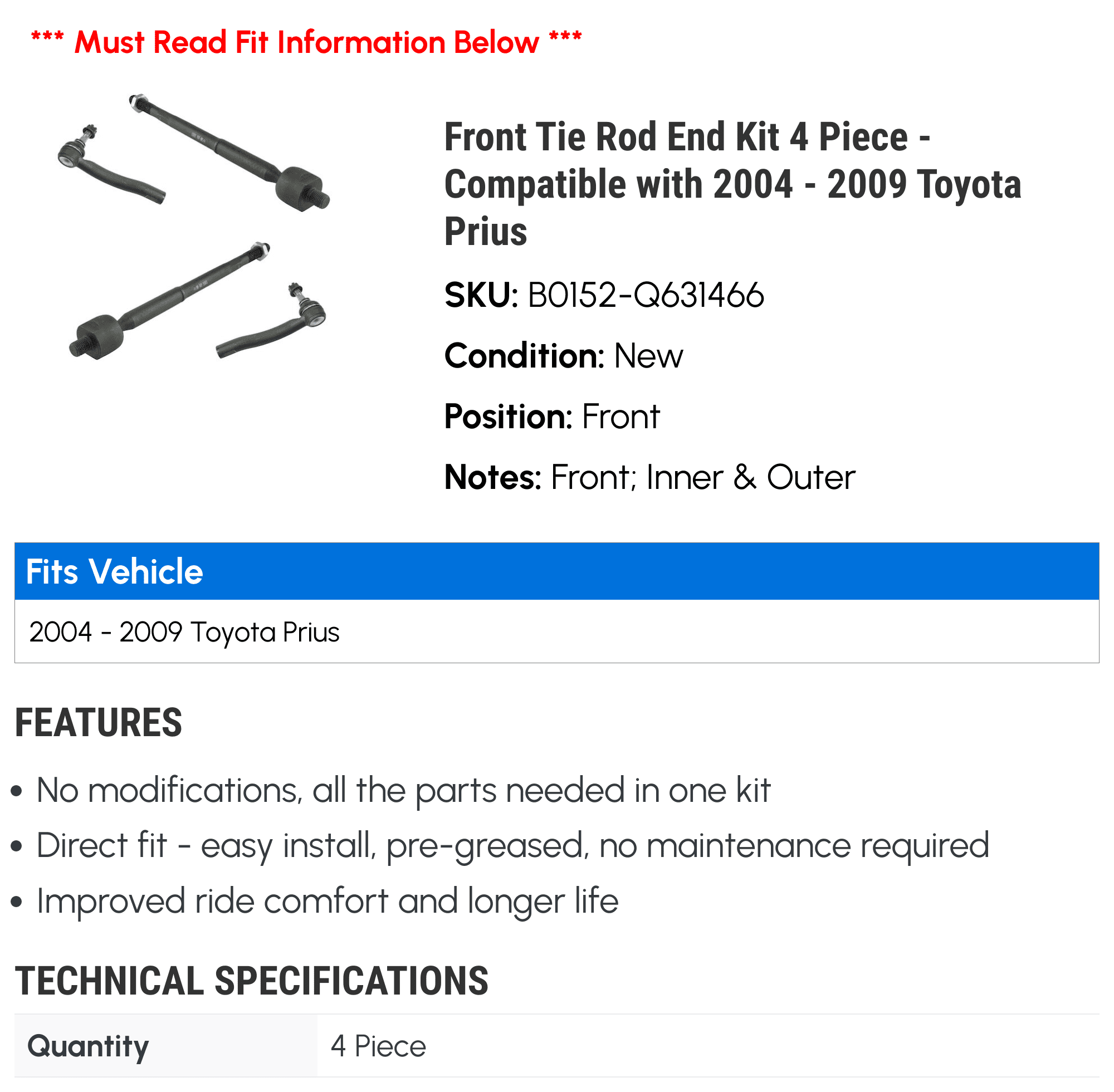 Front Tie Rod End Kit 4 Piece - Compatible with 2004 - 2009 Toyota Prius 2005 2006 2007 2008