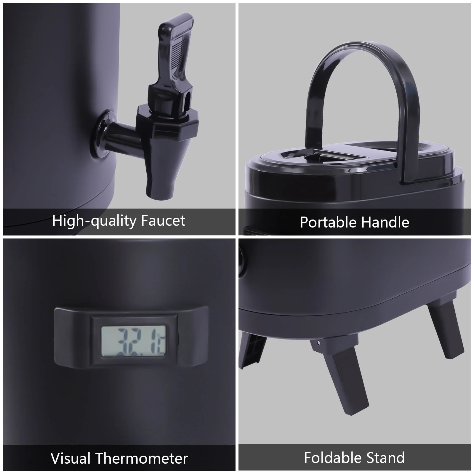 Miumaeov Insulated Beverage Dispenser – Food-grade 304 Stainless Steel Insulated Thermal Hot and Cold Beverage Dispenser with Thermometer (8L-Oval Black)