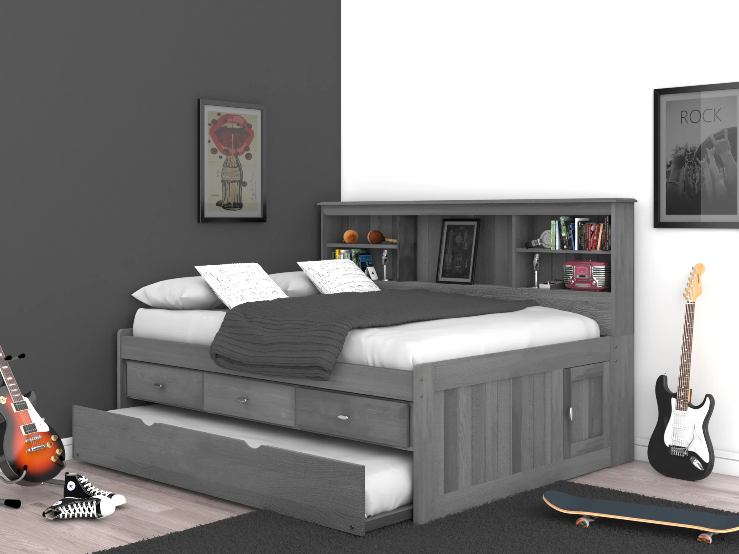 OS Home and Office Furniture Model 83223-3-KD, Solid Pine Full Daybed with Three Drawers and Twin Trundle in Charcoal Gray