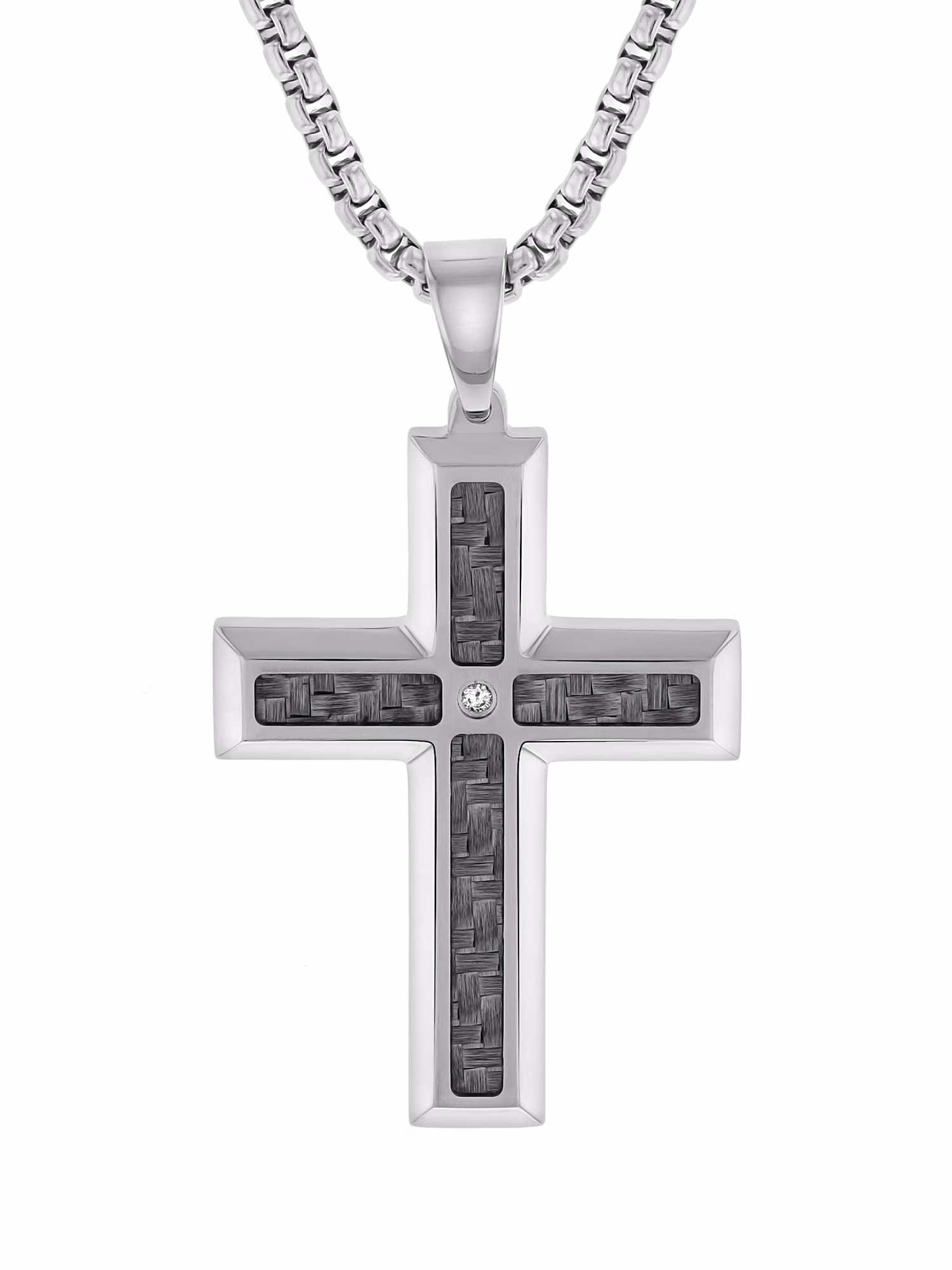 Men’s Stainless Steel Diamond Accent Carbon Fiber Inlay Cross Pendant