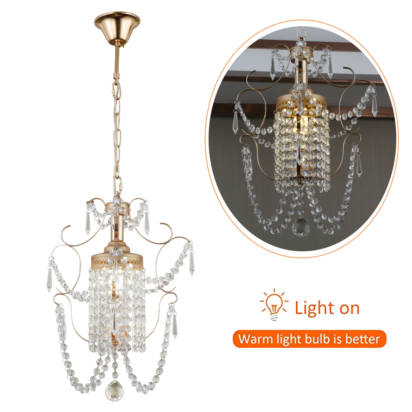 Loyalheartdy Crystal Chandelier, 1-Light Modern Elegant Metal Crystal  Ceiling Light Fixture Adjustable Height Hanging Lamp