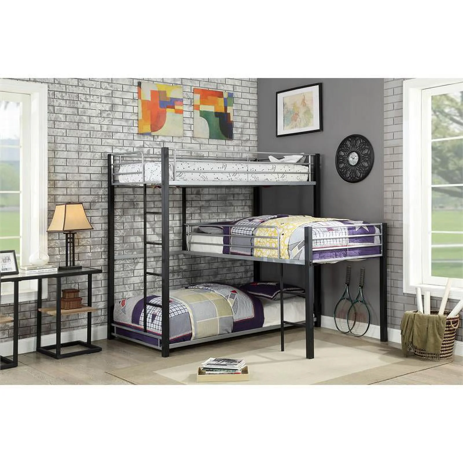 Furniture of America Crossman Metal Twin Triple Bunk Bed in Sand Black