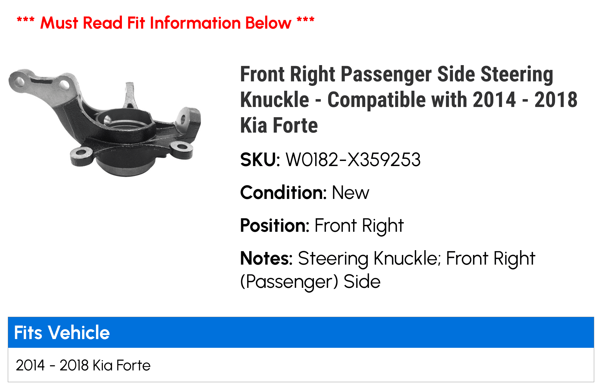 Front Right Passenger Side Steering Knuckle - Compatible with 2014 - 2018 Kia Forte 2015 2016 2017