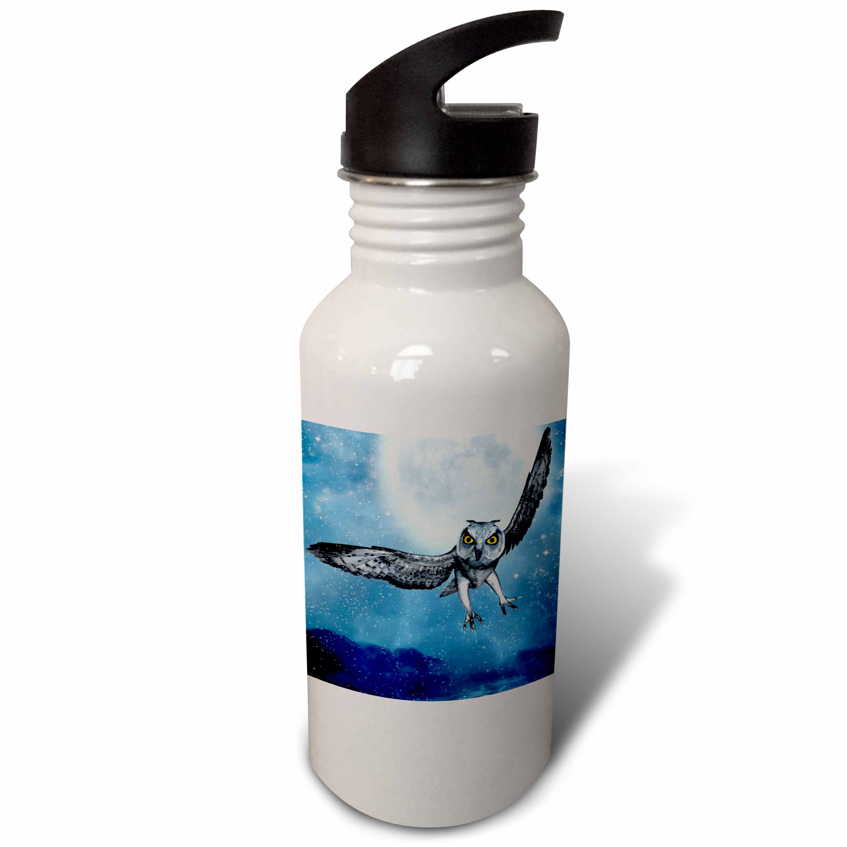 3dRose Owl Swooping Past Moon, Sports Water Bottle, 21oz