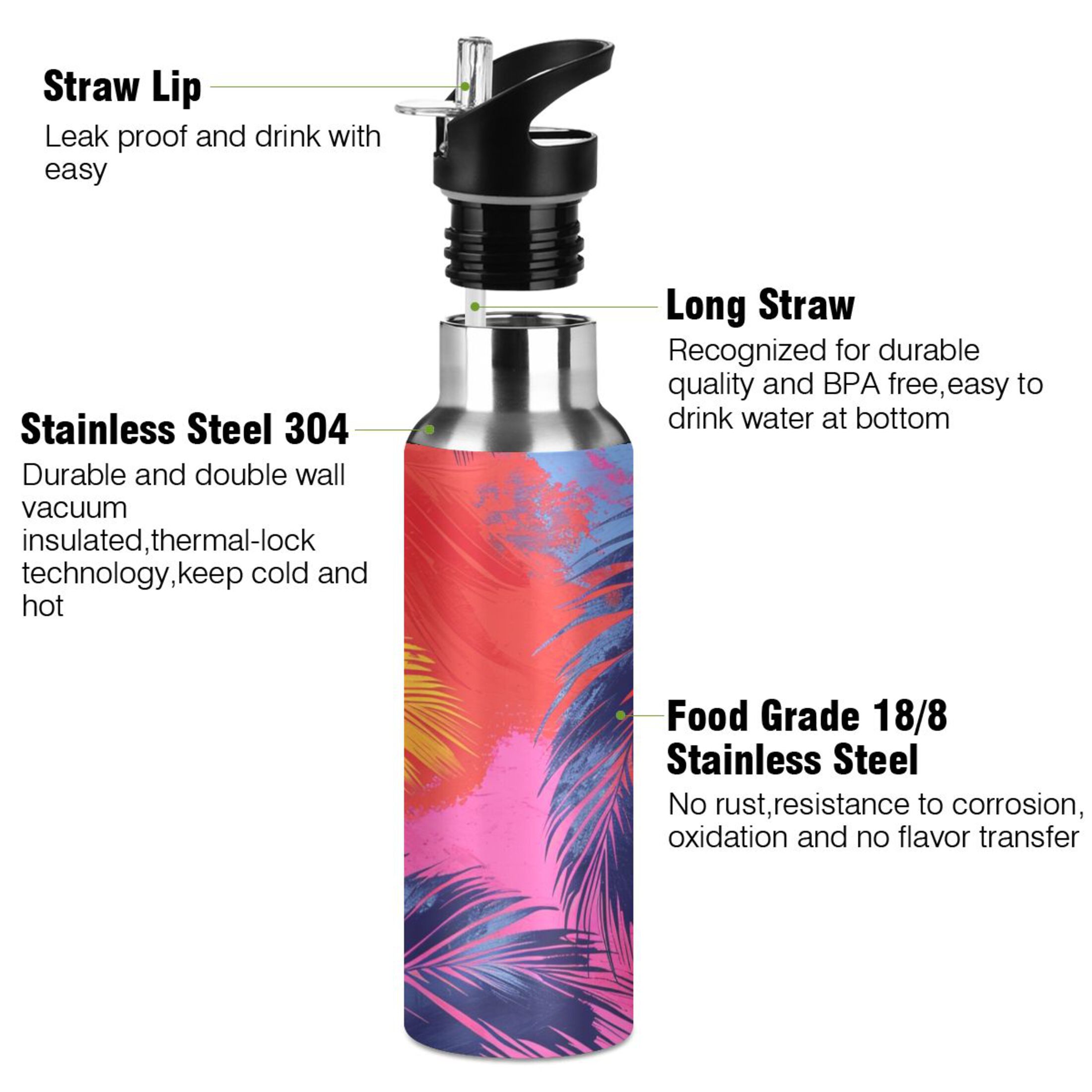 Tropical Palm Leaves Water Bottles Insulated Thermos Kids Stainless Steel Bottle with Straw Lid Flask Leakproof for Sports Gym 20 oz