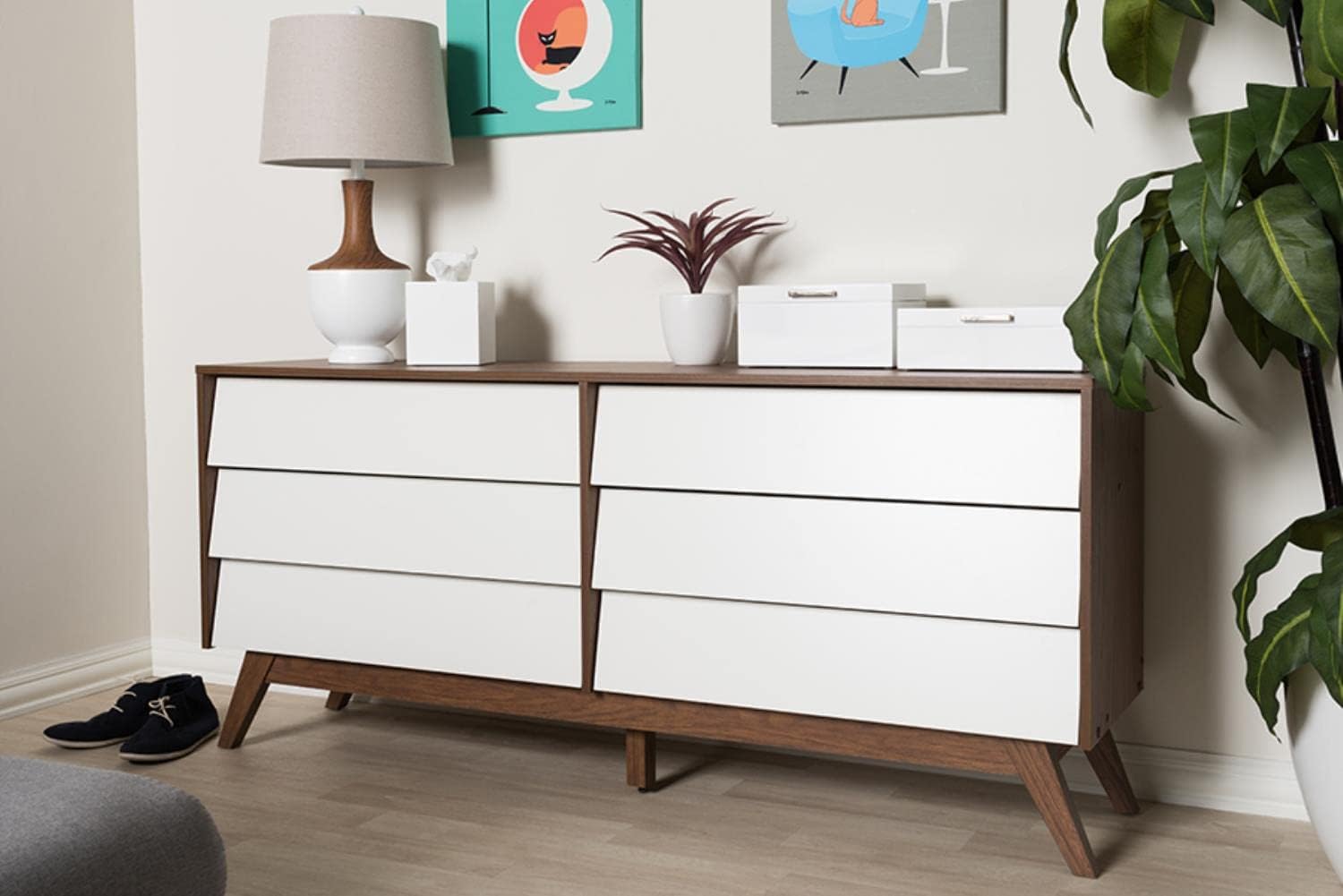Hildon 6 Drawer Double Dresser In White And Walnut Brown