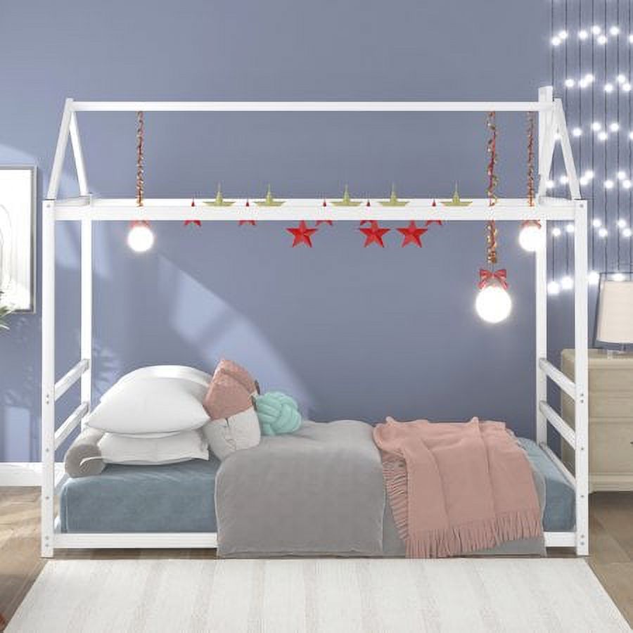 CHURANTY Twin House Platform Bed with Roof and Chimney Design, Twin Size Metal House Bed Can be Decorated for Girls, Boys, Not Weight Limited