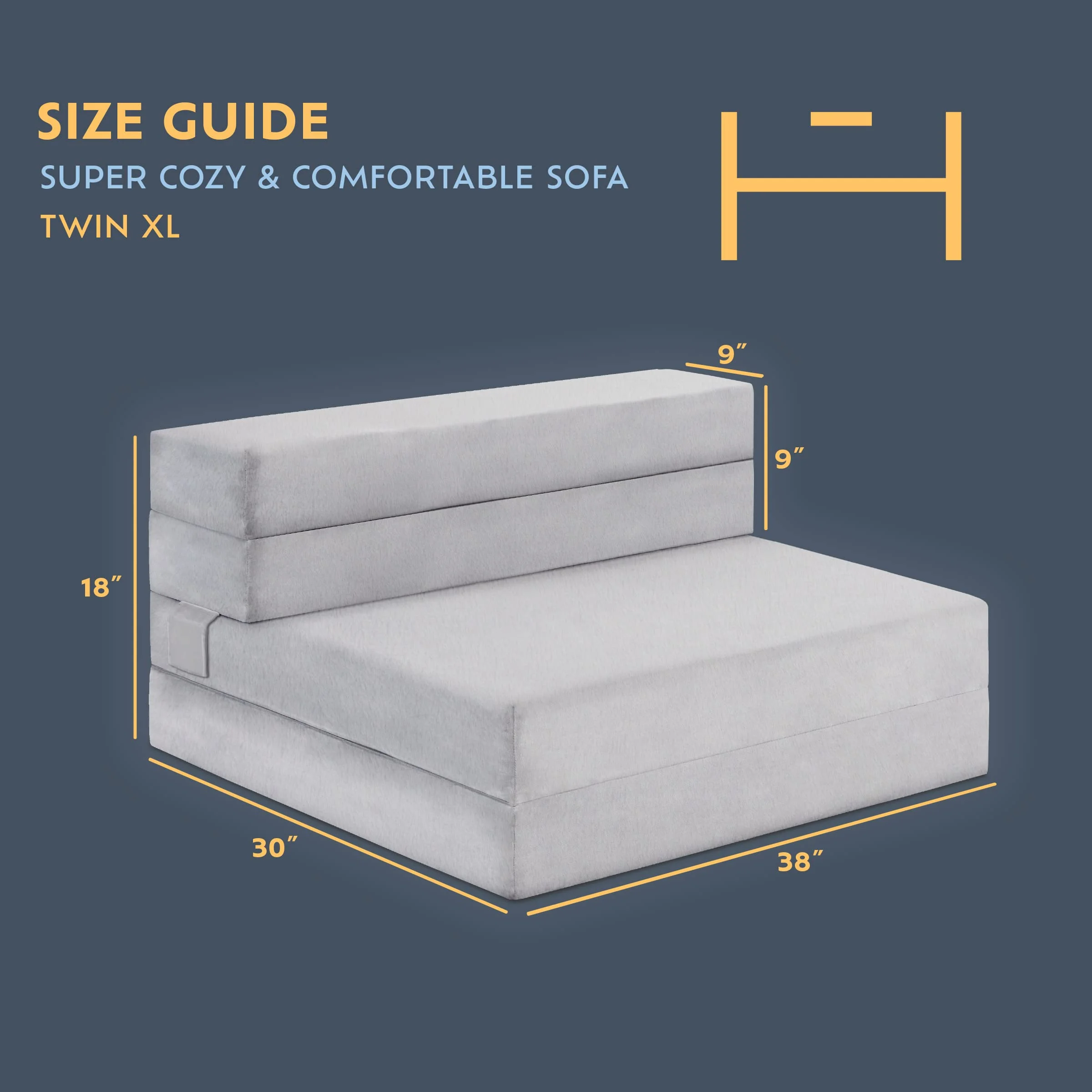 Heyward 4.5” Trifold Sofa + Foam XL Twin Mattress, XL Twin Bed Mattress Folds into Couch
