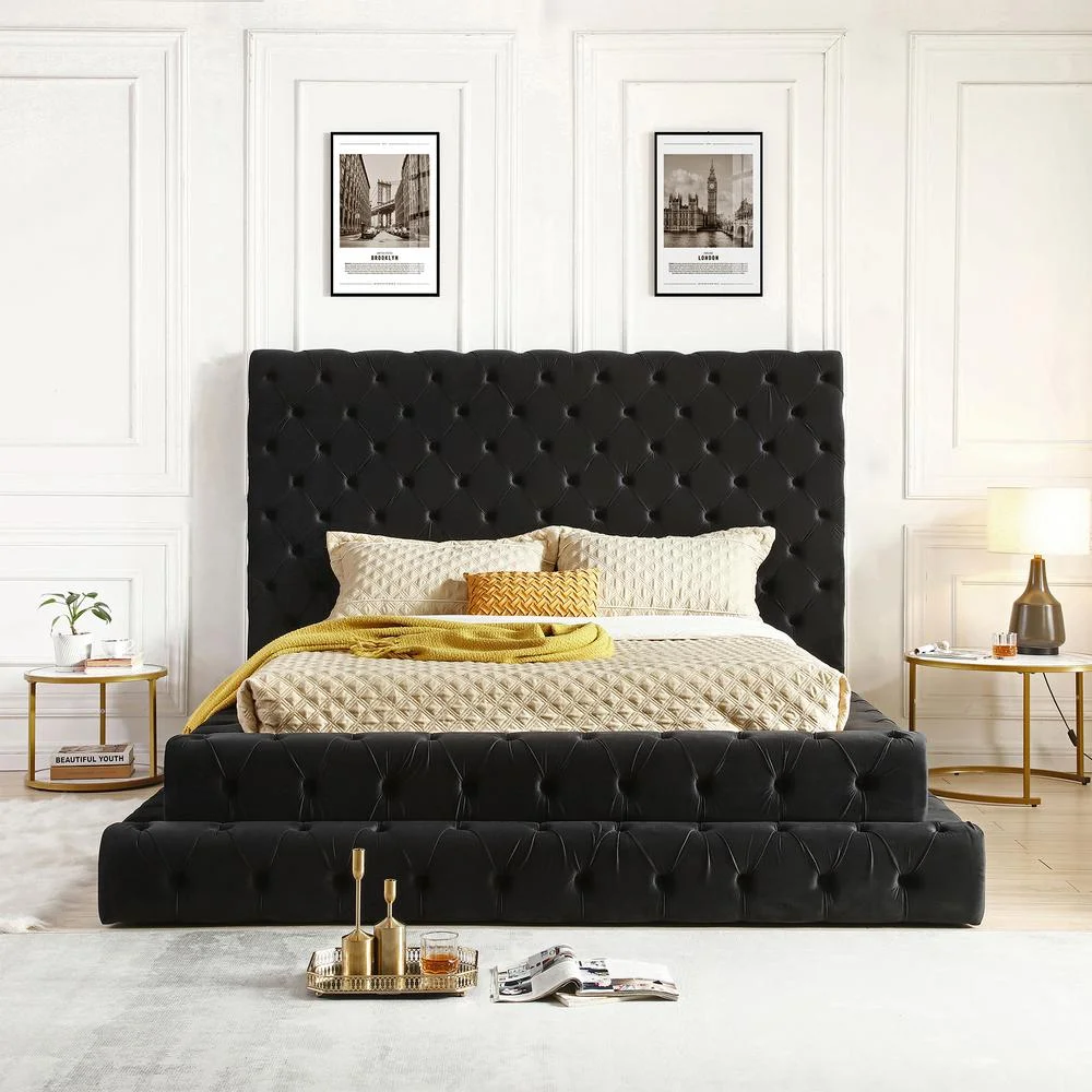 Better Home Products Velvet Queen Bed with Deep Button Tufting in Black