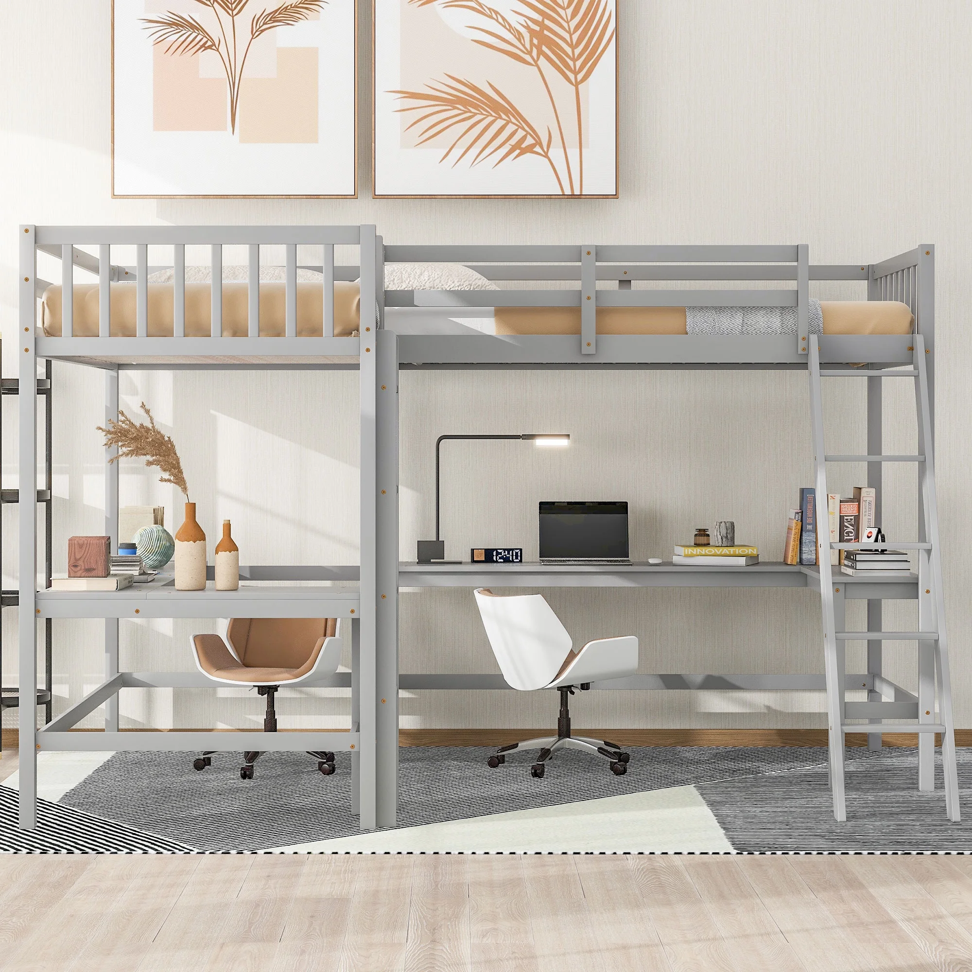 CoSoTower Wood Twin Size L-Shaped Loft Bed with Ladder and 2 Built-In L-Shaped Desks, Gray