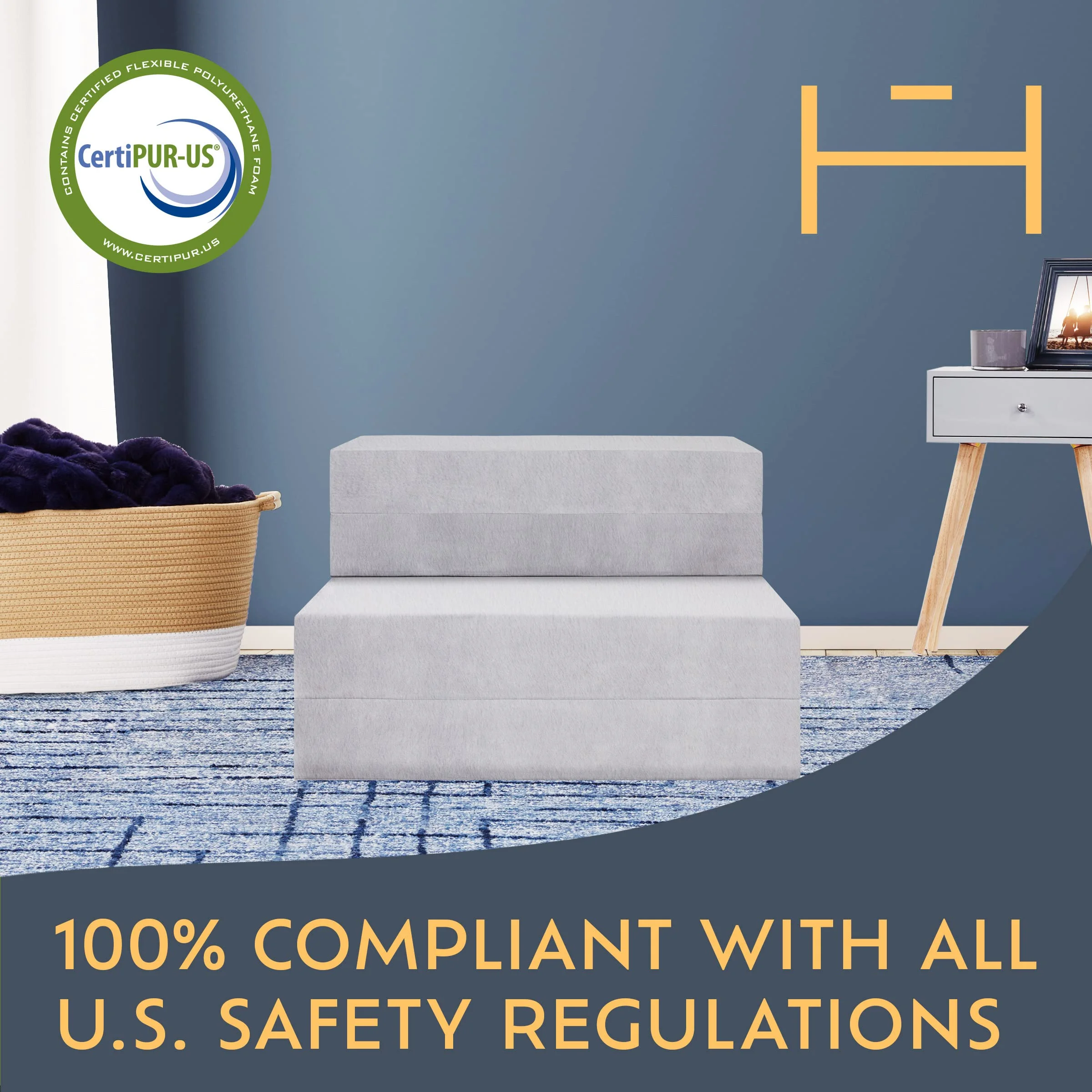 Heyward 4.5” Trifold Sofa + Foam XL Twin Mattress, XL Twin Bed Mattress Folds into Couch