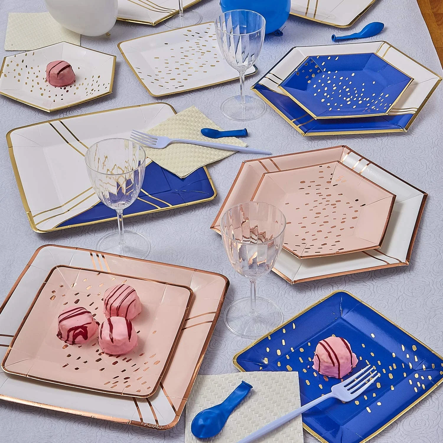 Abstract Design Disposable Dinner Plates (18 Pc) Heavy Duty Paper Plates 10”, Rose Gold Party Supplies for Baby Showers, Deco Collection Square Plates - Great for Birthdays, Weddings & Events, Pink
