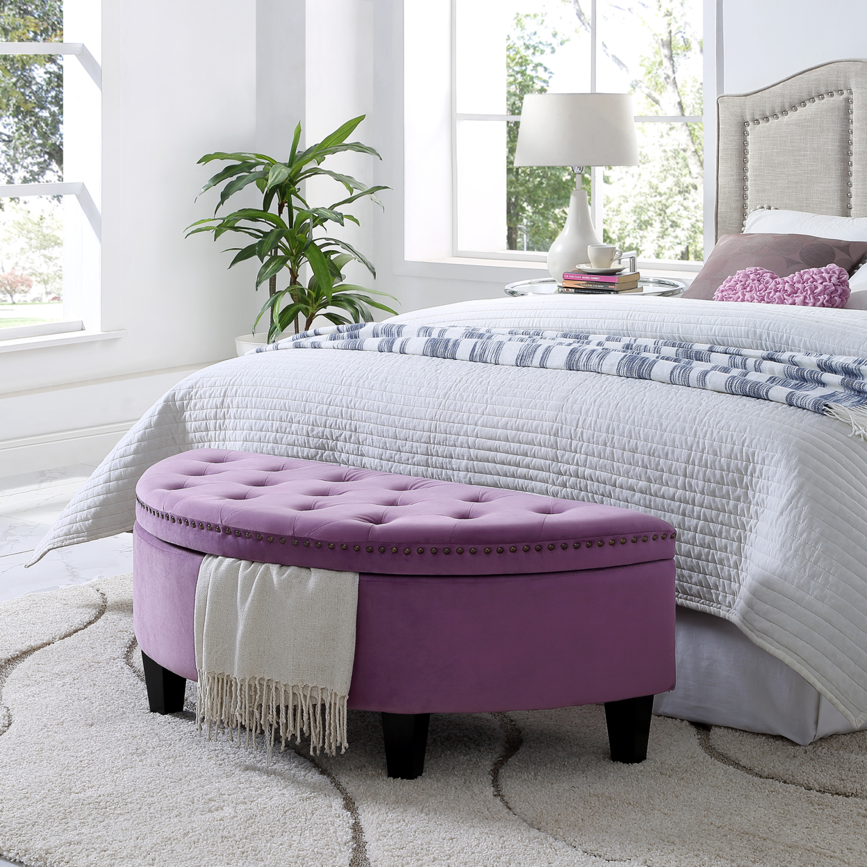 Leandra Linen or Velvet Storage Ottoman-Half Moon-Upholstered-Tufted-Nailhead Trim- Modern and Functional by Inspired