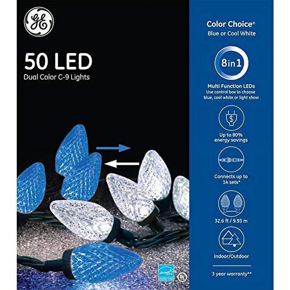GE Color Choice Blue/Cool White 50-Count 32.6-ft Multi-Function Color Changing C9 LED Plug-in Christmas String Lights 89120LO Energy Star