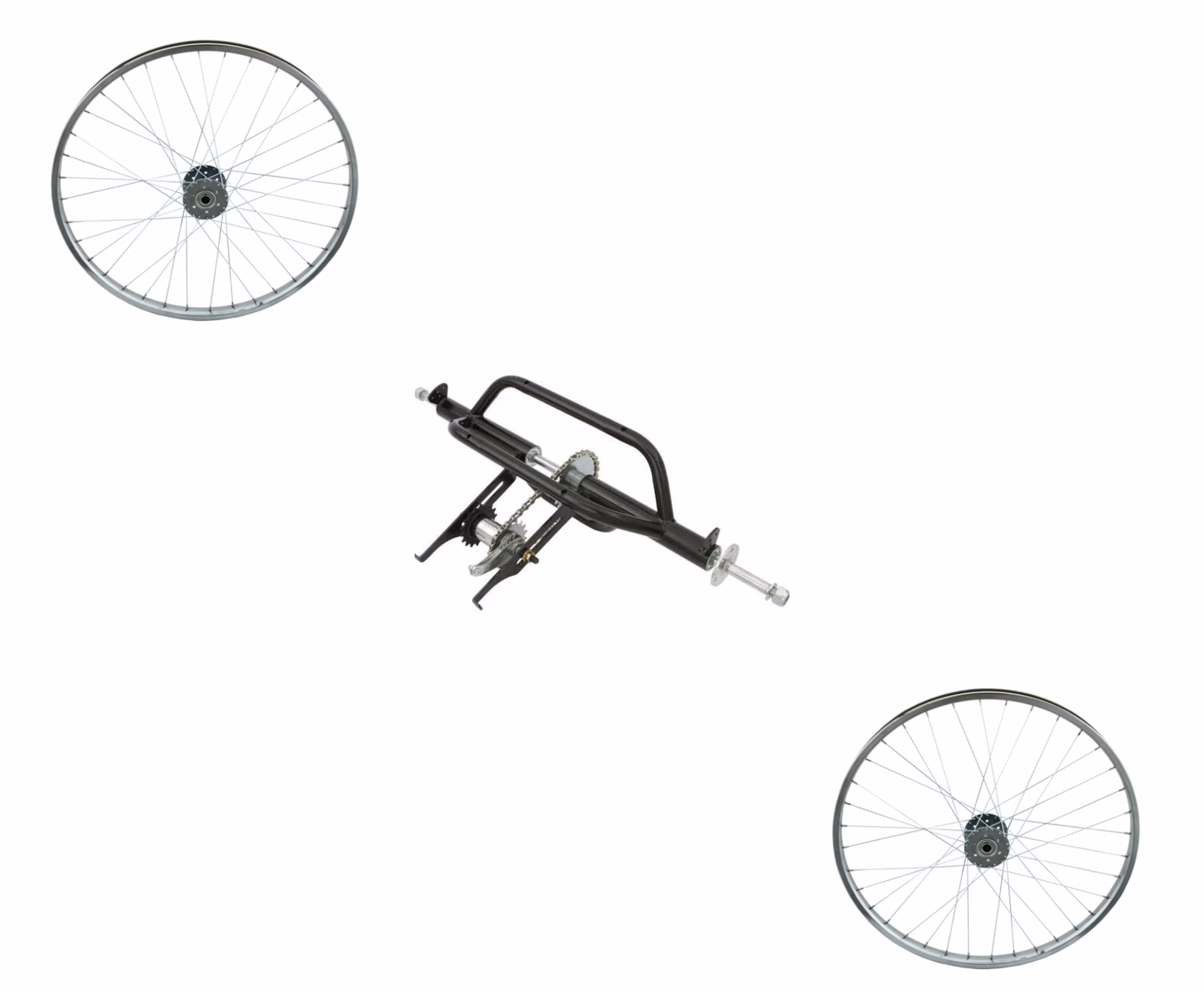 Black Trike Conversion Kit for 26 inch Bicycle. Comes with Two Chrome 26 inch Hollow-Hub Steel Wheel 36 Spoke. Tricycle, Trike, three-wheel bike conversion kit