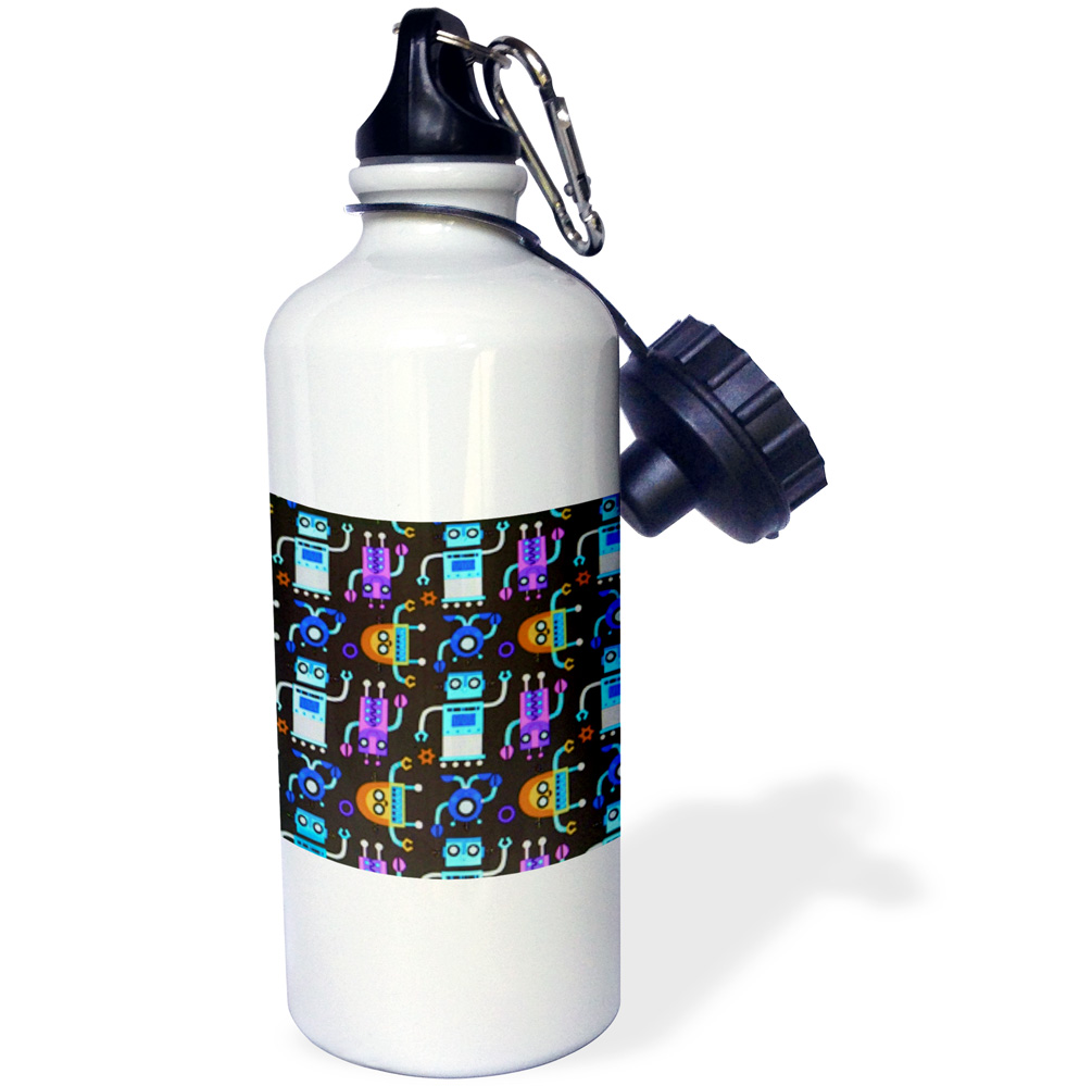 Blue Orange Purple Robots On Black 21 oz Sports Water Bottle wb-35286-1