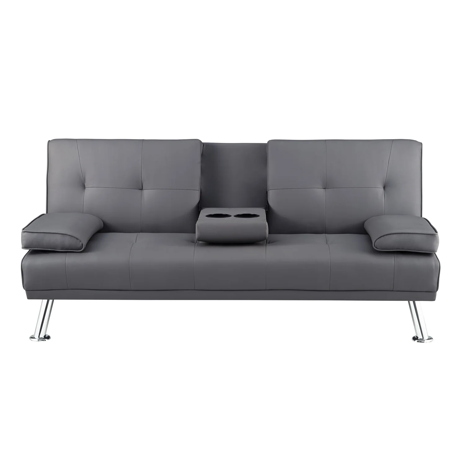 Convertible Faux Leather Futon Sofa Bed, Folding Sofa Couch with arm rest, 2 cup holders and Chrome metal Legs, Gray