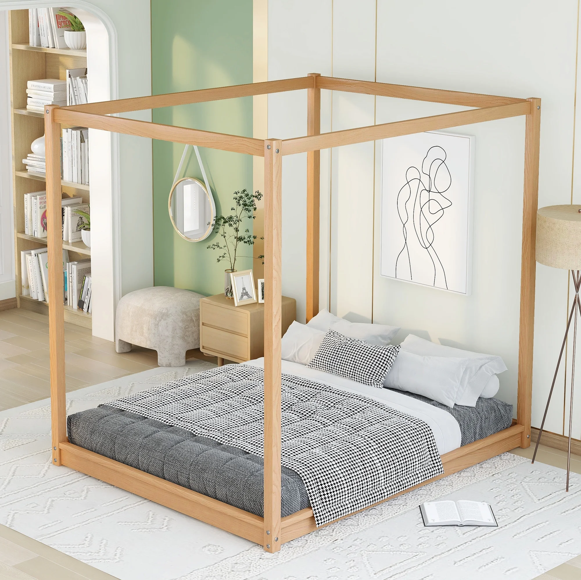 Dcenta Queen Size Canopy Platform Bed with Support Legs,Natural