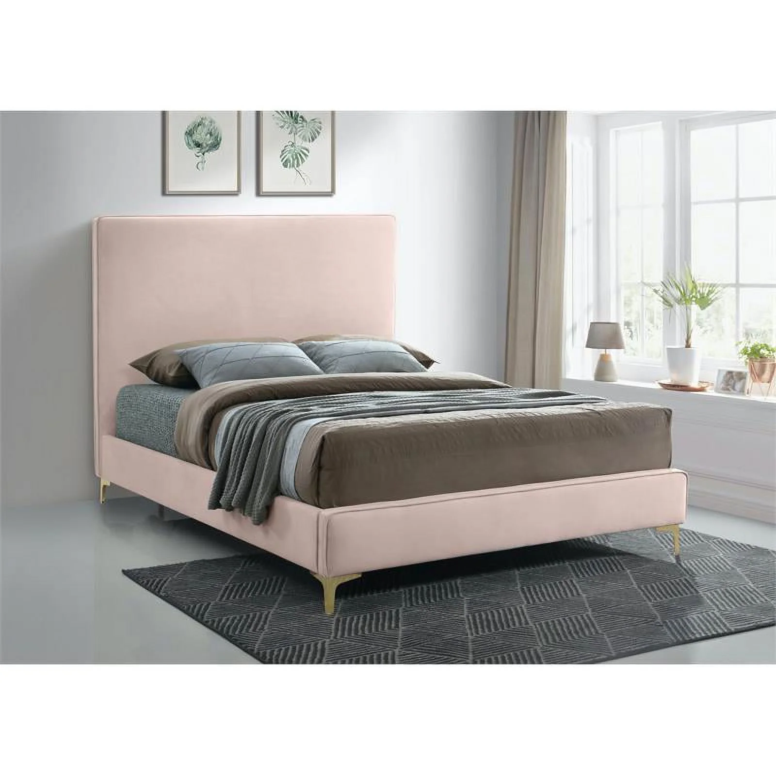 Meridian Furniture Geri Pink Velvet Queen Bed with Gold and Chrome Legs Included