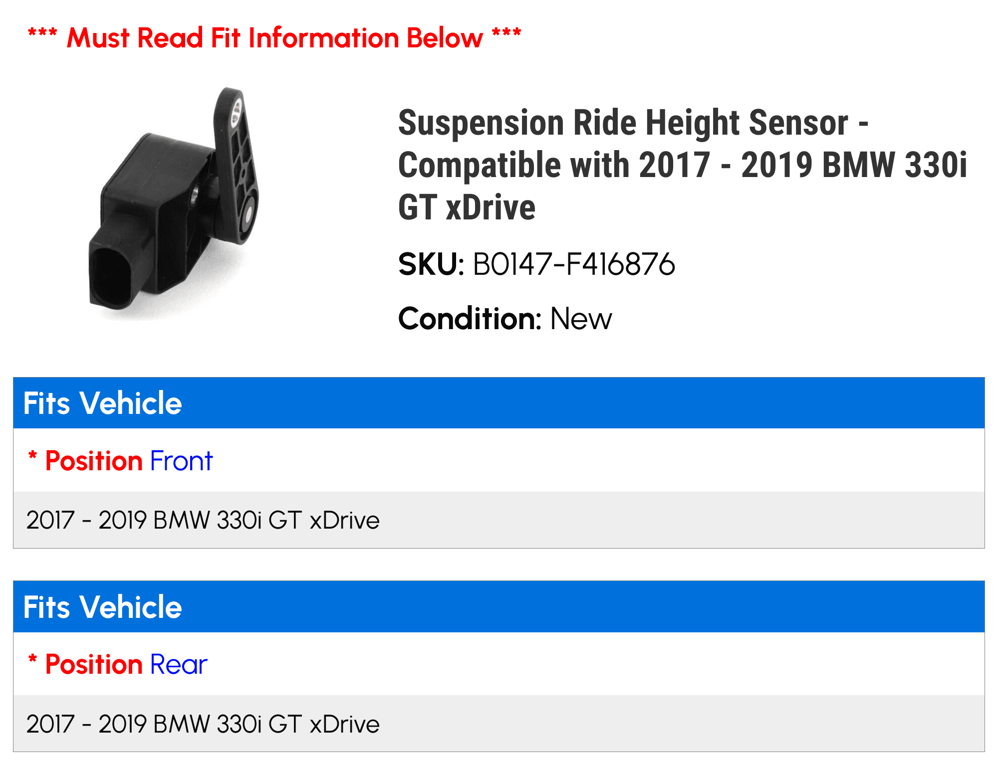 Suspension Ride Height Sensor - Compatible with 2017 - 2019 BMW 330i GT xDrive 2018