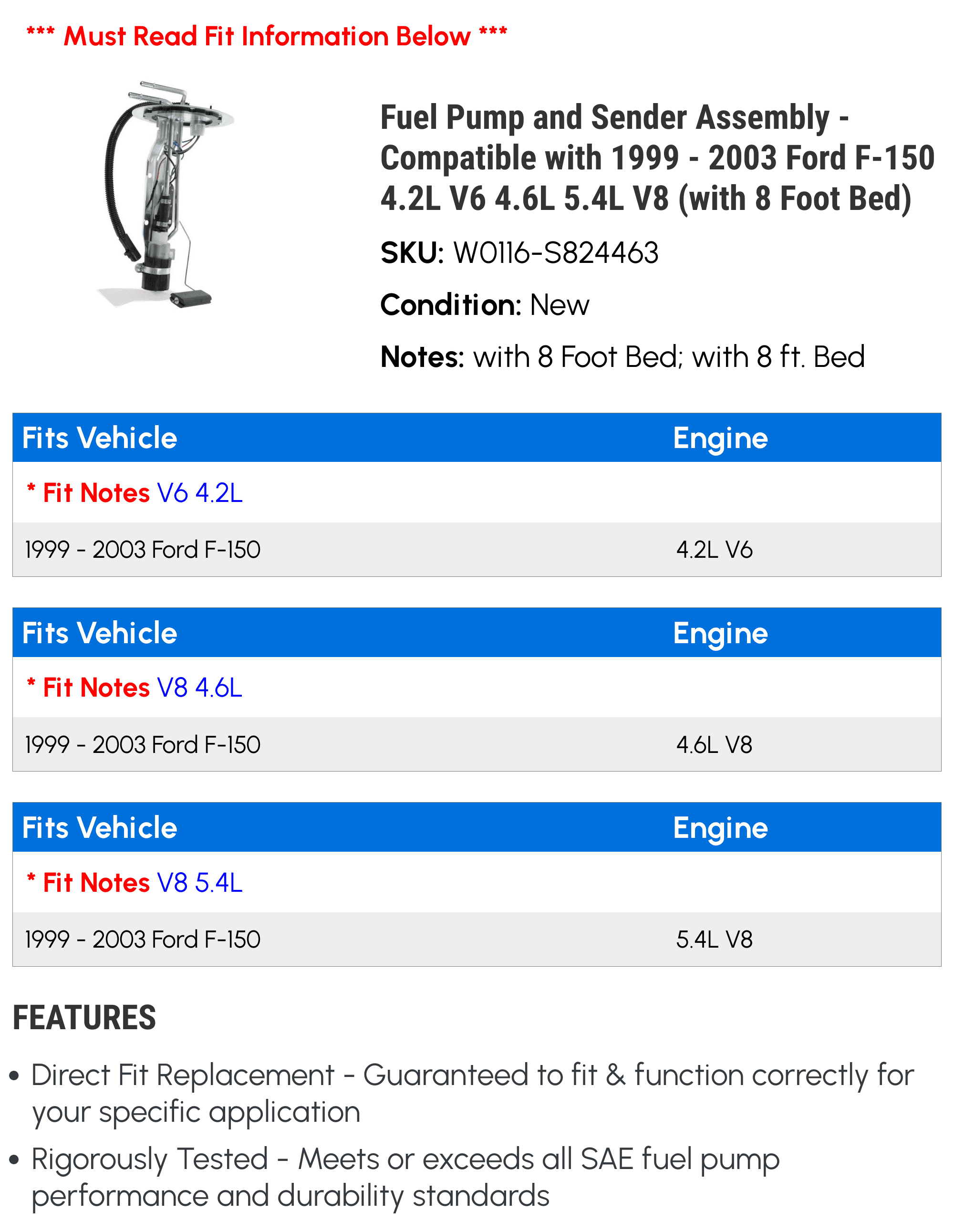 Fuel Pump and Sender Assembly - Compatible with 1999 - 2003 Ford F-150 4.2L V6 4.6L 5.4L V8 (with 8 Foot Bed) 2000 2001 2002