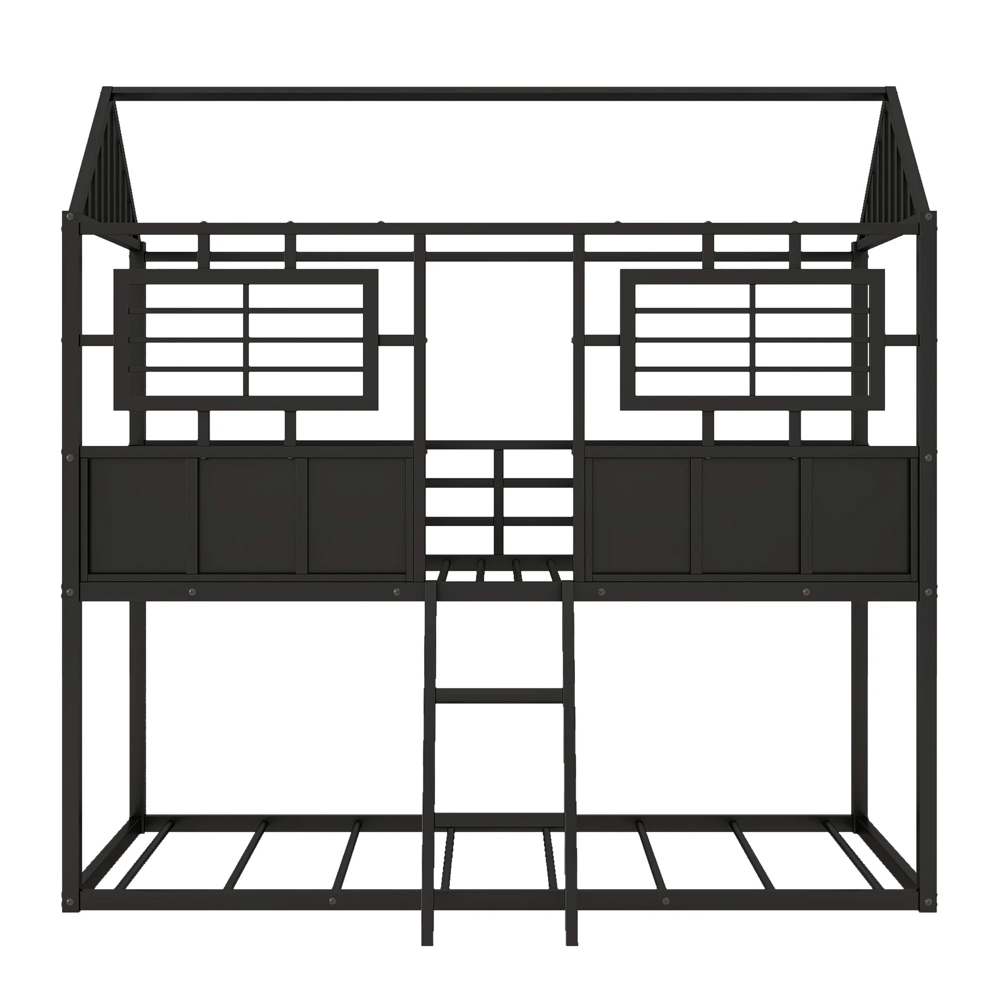 Twin over Twin House Bunk Bed with Windows, Metal Bunk Bed Frame with Roof and Fence-shaped Guardrail, Bunk Bed Frame with Guardrails (Black)