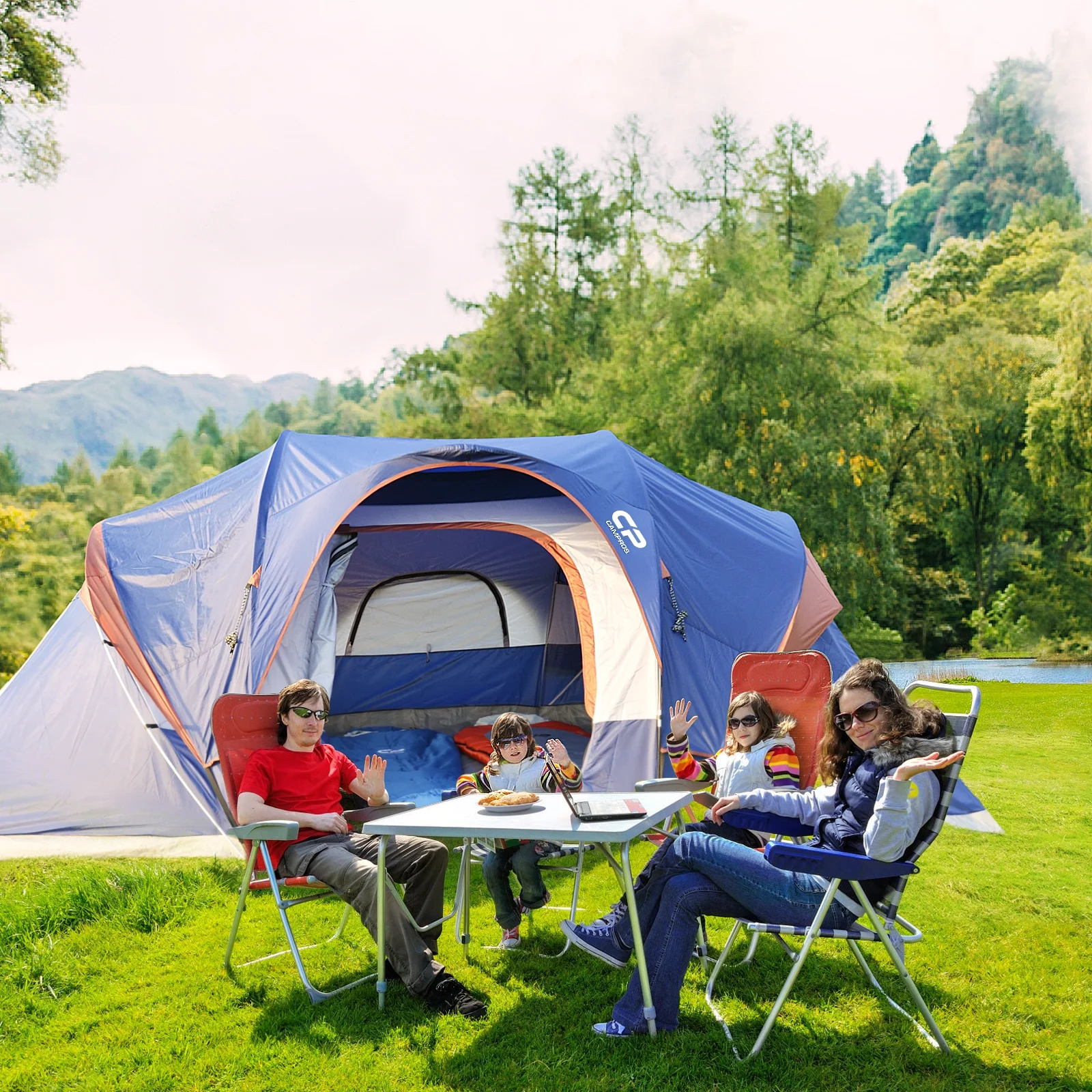 CAMPROS 9 Person Camping Tent, Easy Set up Waterproof Tent, Room Divider, Blue