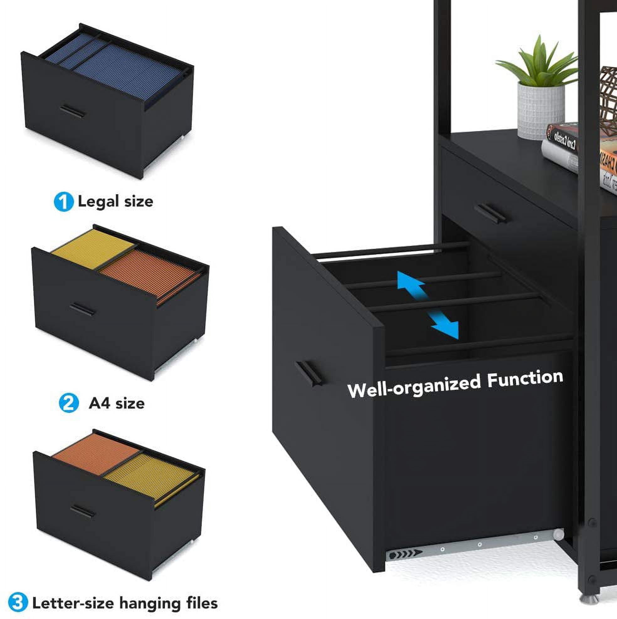 TribeSigns Bookcase Bookshelf with 2 Drawers, 4-Tier Modern File Cabinet in Rustic, Lateral Filing Cabinet accommodate Legal / Letter / A4 Size for Home Office Organizer (Black)