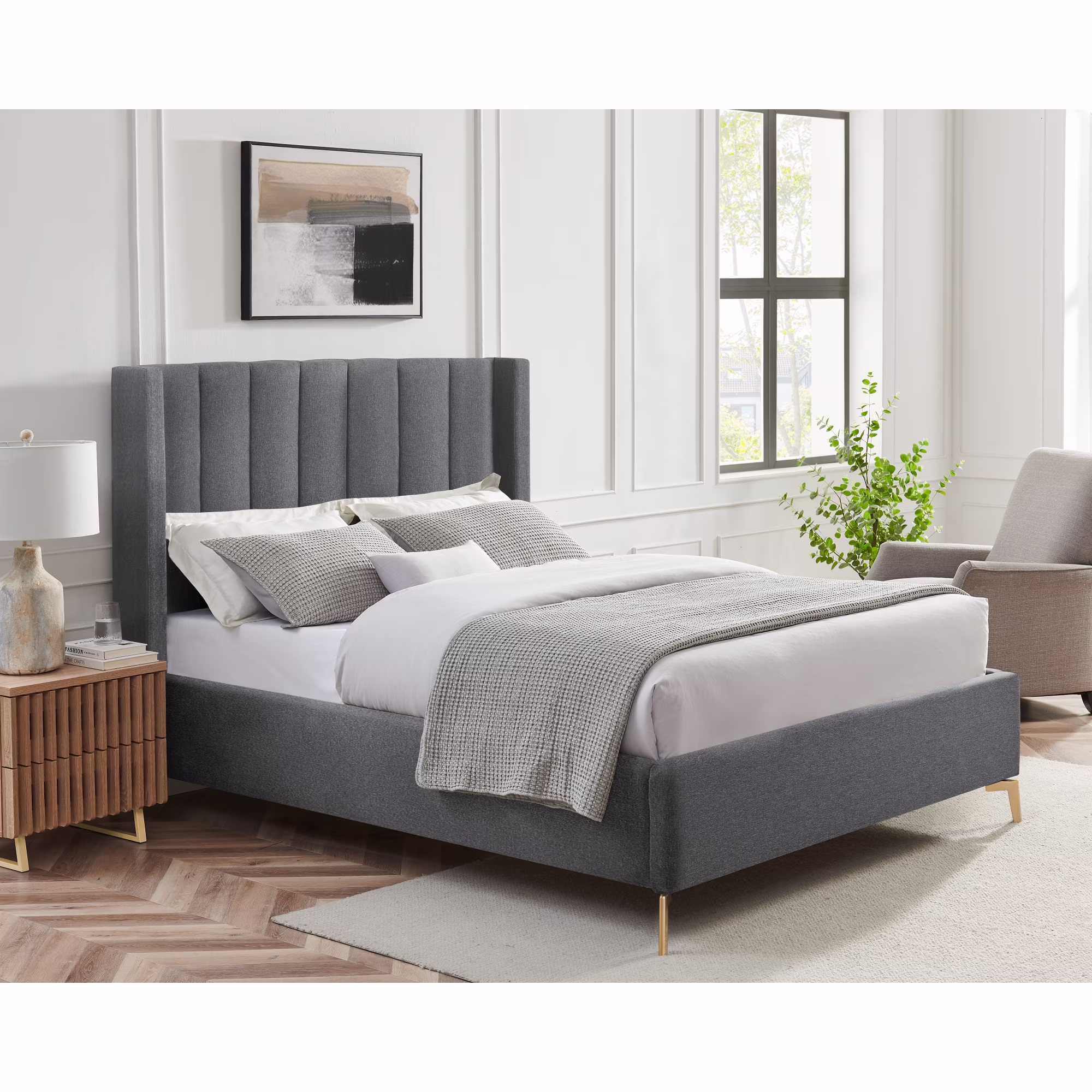 Montrell Upholstered Linen King Size Wingback Platform Bed, Grey
