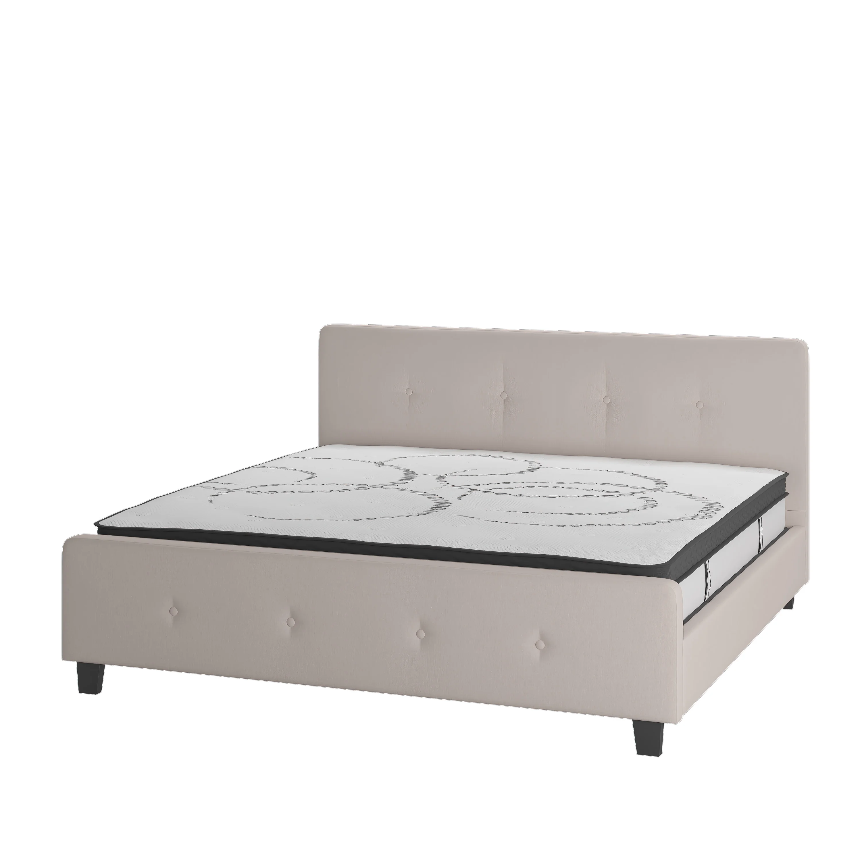 BizChair Tribeca King Size Tufted Upholstered Platform Bed in Beige Fabric with 10 Inch CertiPUR-US Certified Pocket Spring Mattress