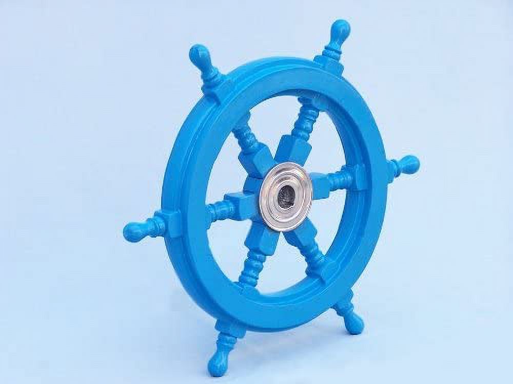 Deluxe Class Light Blue Wood and Chrome Ship Steering Wheel 12