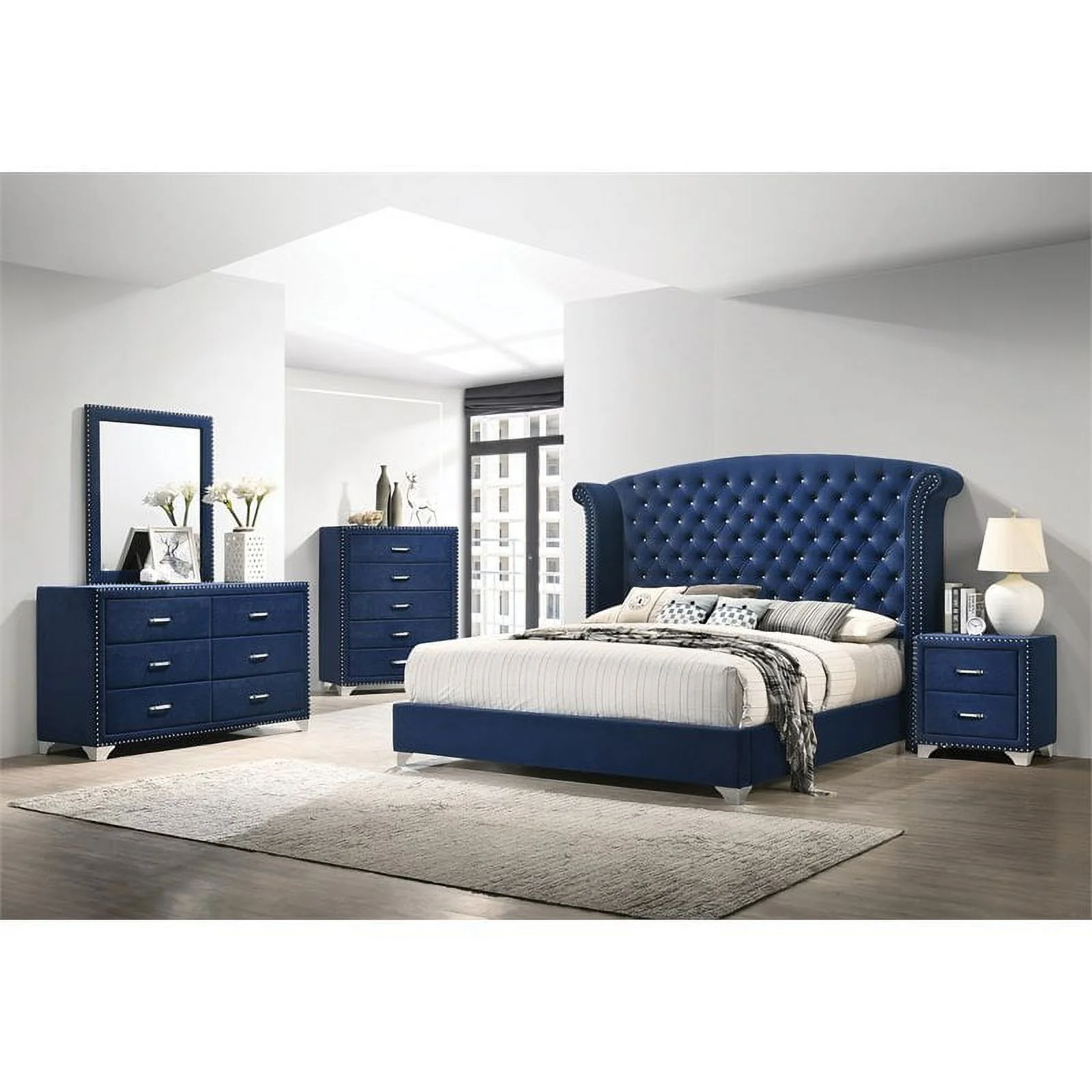 Maklaine 4-Piece Contemporary Velvet Queen Bedroom Set in Blue