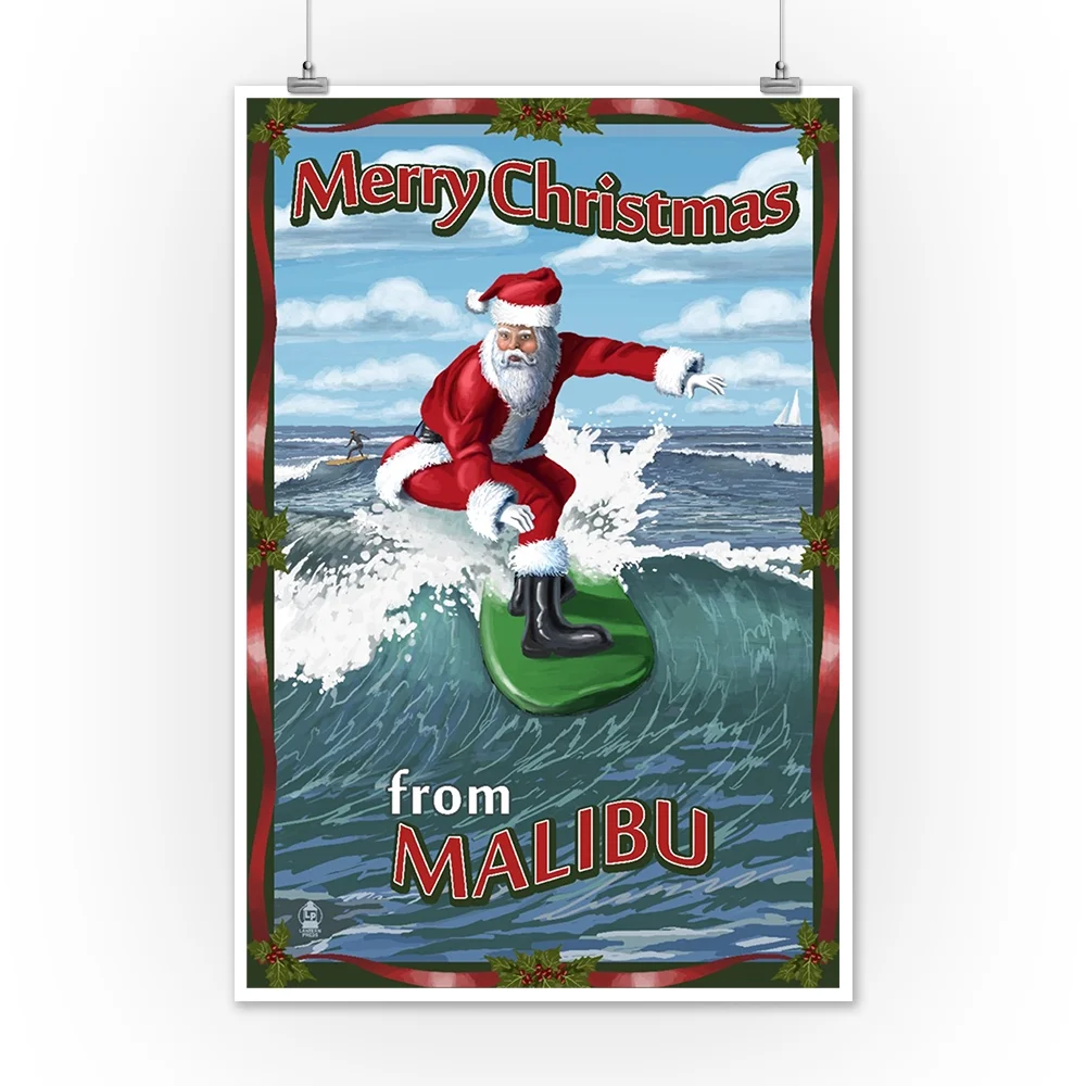 Malibu, California, Santa Surfing (12x18 Wall Art Poster, Room Decor)