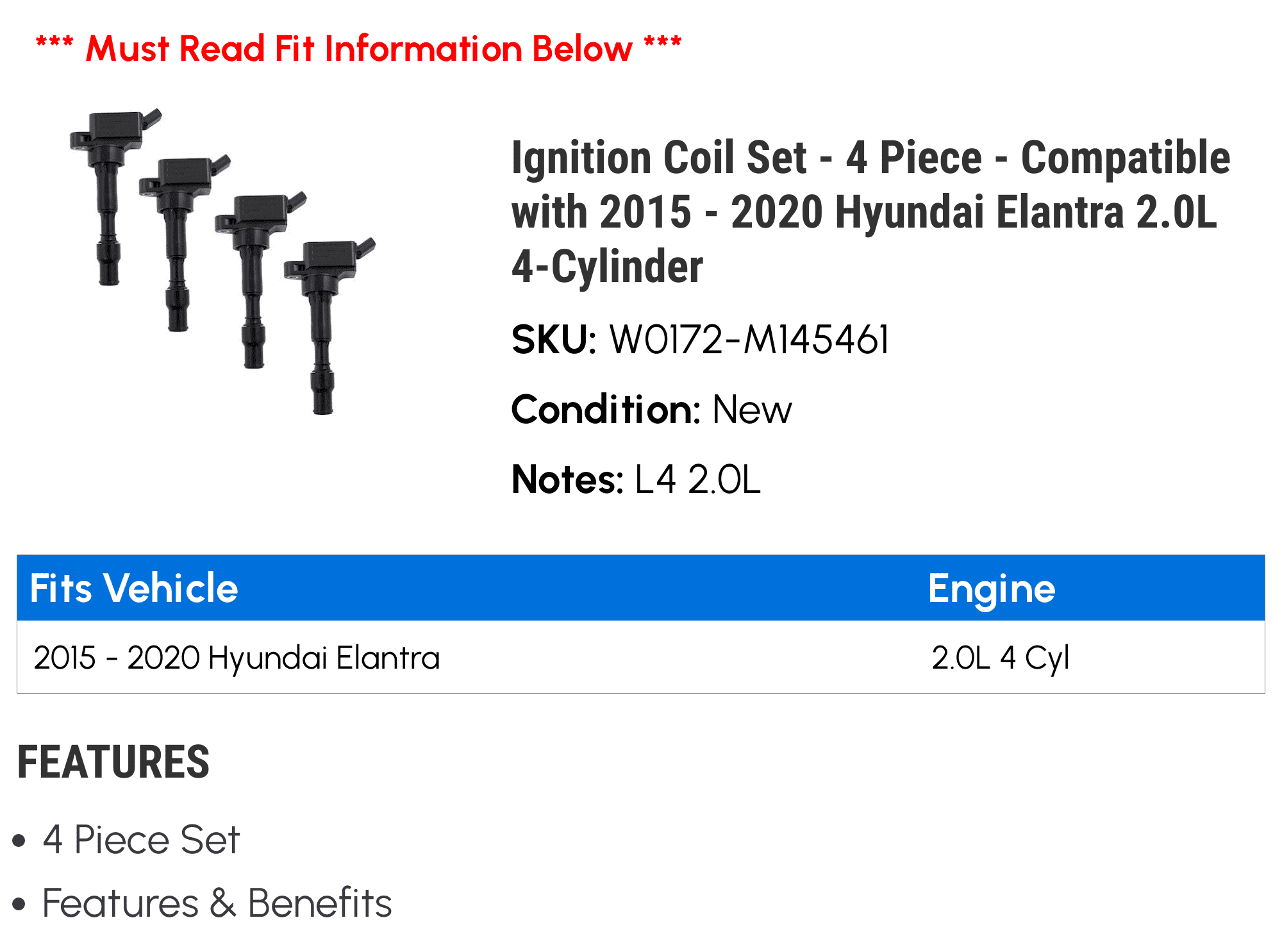 Ignition Coil Set - 4 Piece - Compatible with 2015 - 2020 Hyundai Elantra 2.0L 4-Cylinder 2016 2017 2018 2019