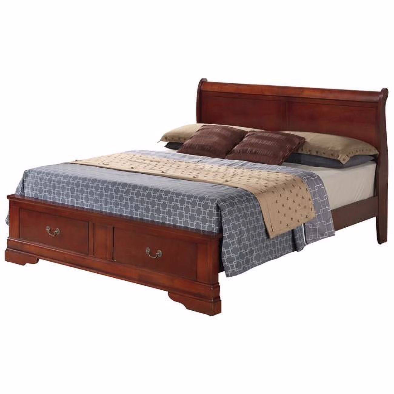 Passion Furniture PF-G3100D-QSB2 Louis Philippe Storage Sleigh Wood Bed, Cherry - Queen Size