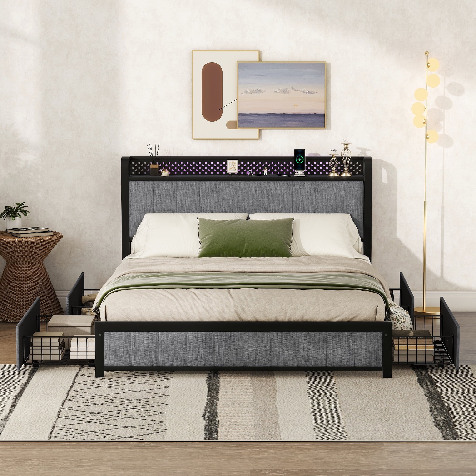 Queen Bed Frame with LED Headboard, Upholstered Bed with 4 Storage Drawers and USB Ports, Light Grey(Expect Arrival Date Oct.16th)