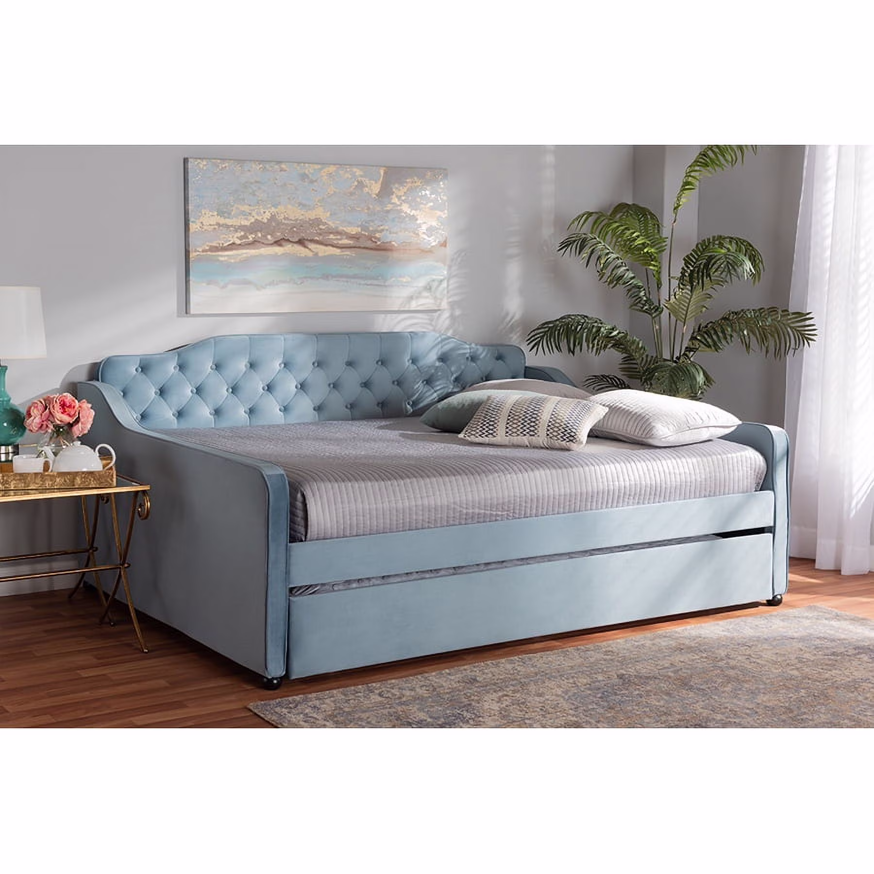Baxton Studio Freda-Light Blue Velvet-Daybed-F-T Transitional & Contemporary Fabric Upholstered & Button Tufted Daybed With Trundle, Light Blue Velvet - Full Size
