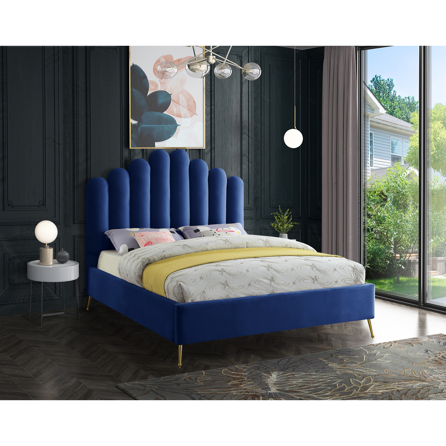 Maykoosh Art Nouveau Allure Velvet Upholstered Platform Bed with Sturdy Gold Steel Legs and Deep Channel Tufted Headboard