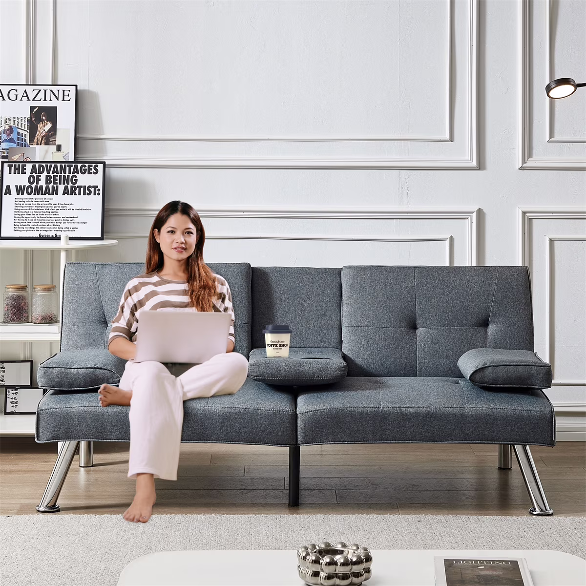 Linen Fabric Sofa Bed Futon Couch Bed Folding Recliner Sleeper Reversible Loveseat Convertible Daybed, 2 Cup Holders, 3 Angles, Removable Armrests, 500 lbs, Gray