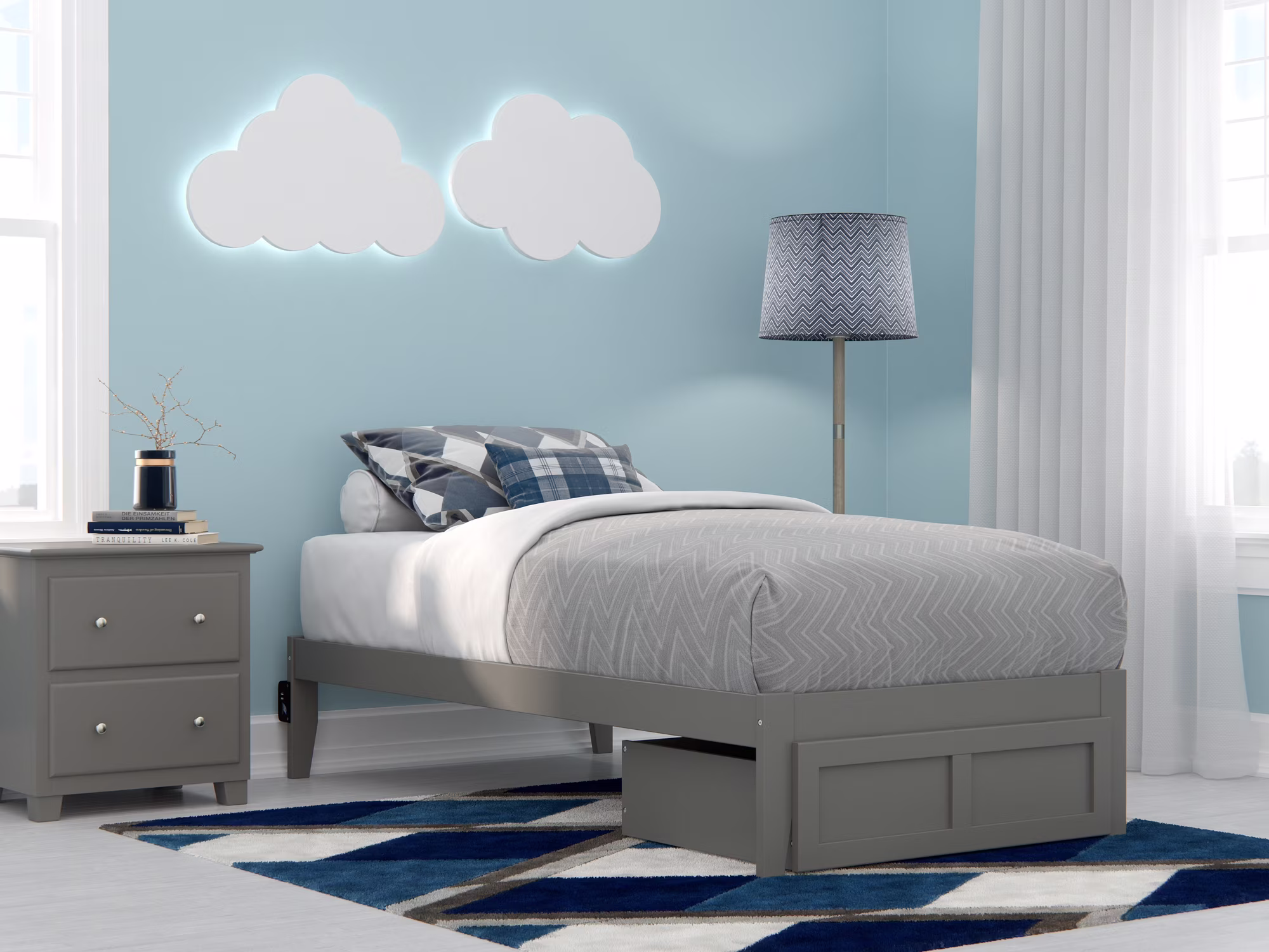 Colorado Twin Bed with Foot Drawer in Grey with USB Turbo Charger