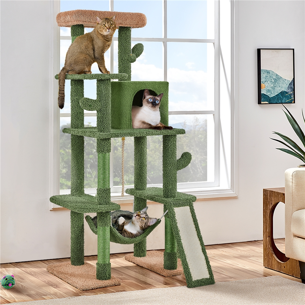 Topeakmart 63″ H Multi-Level Cactus Cat Tree with Platform Condo, Green/Brown