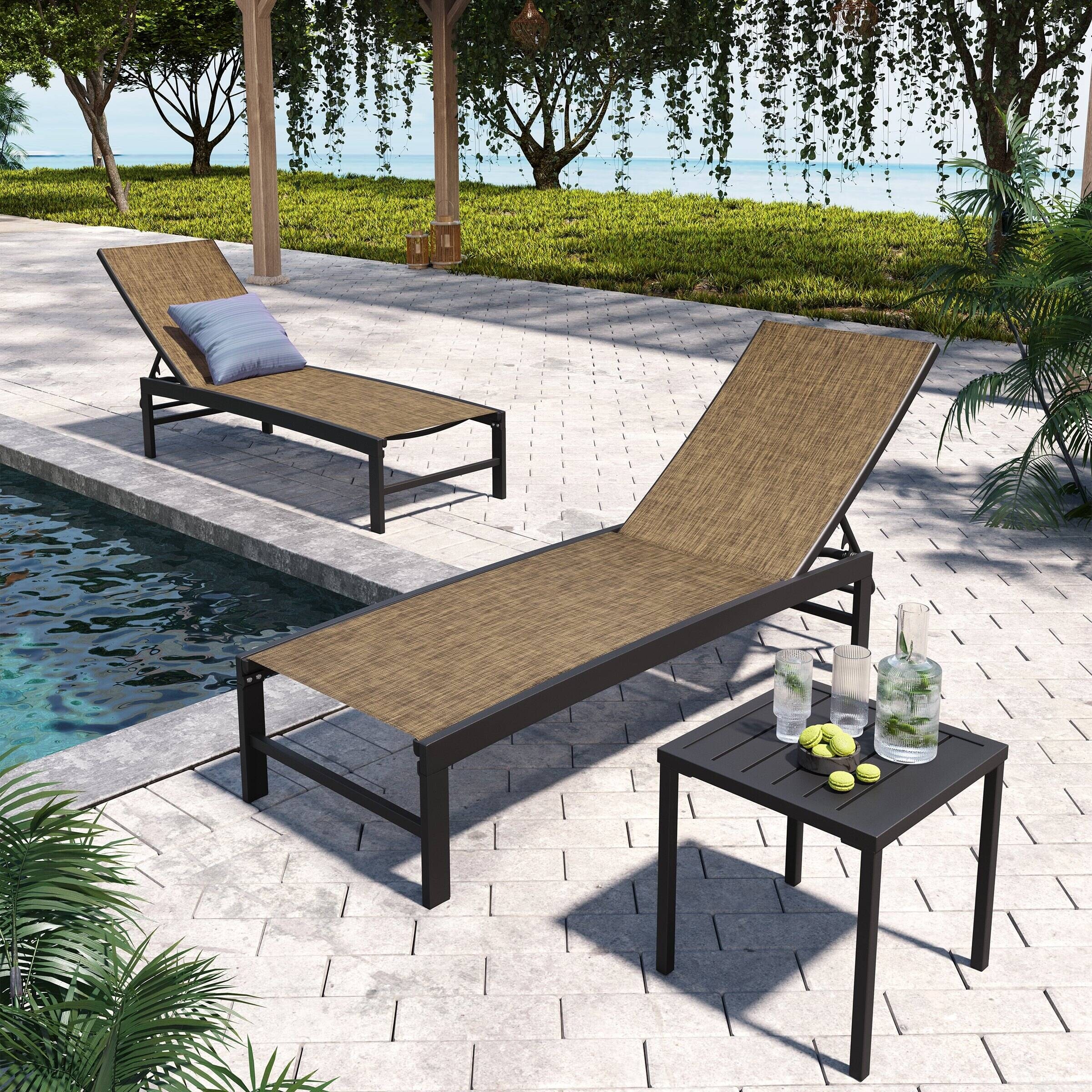 Pellebant  Outdoor 3-piece Aluminum Adjustable Back Chaise Lounge with Side Table Set Gray & Brown
