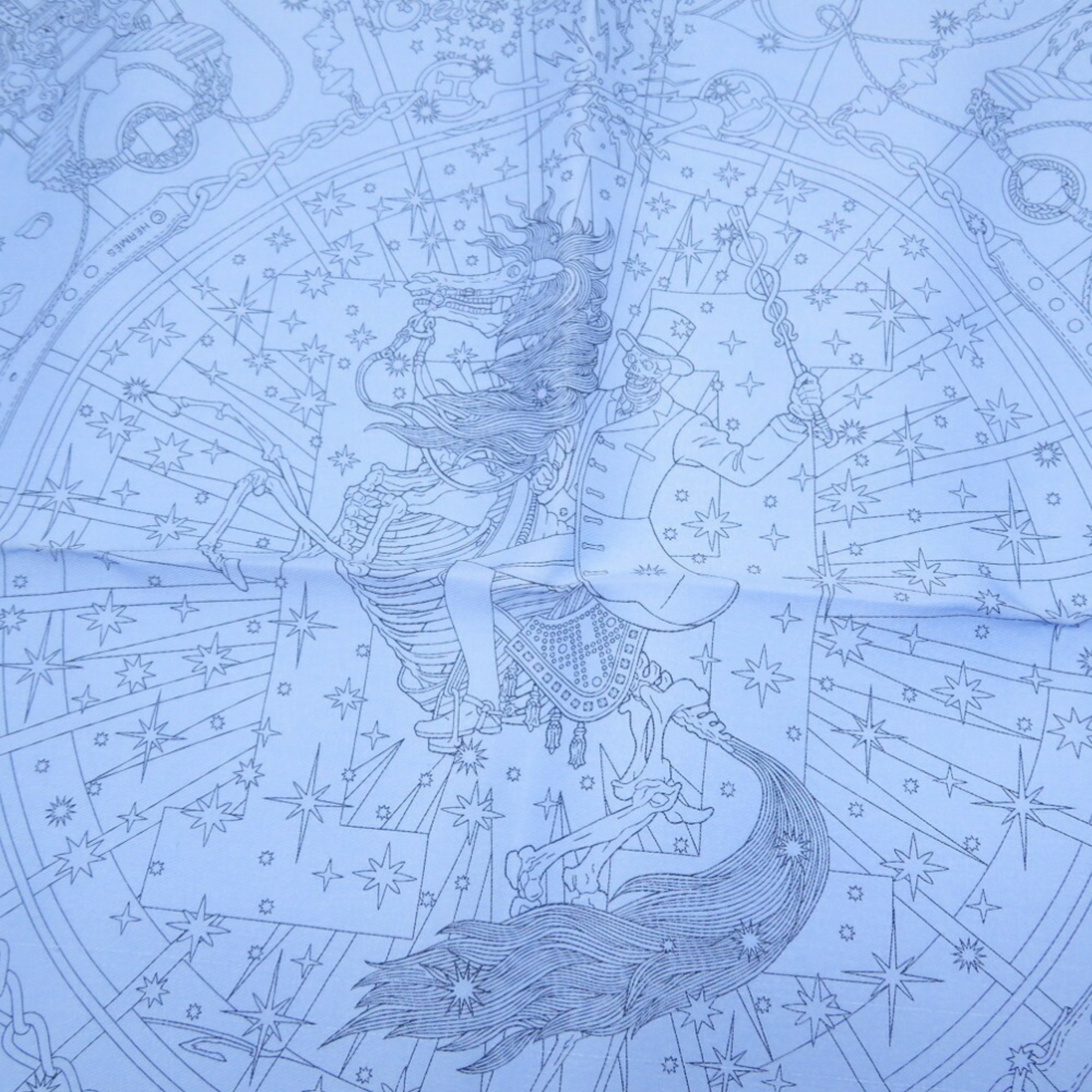 Pre-Owned Hermes HERMES Carre Muffler 45 Petit C'est La Fete Cerafit Silk Marine Scarf (Like New)