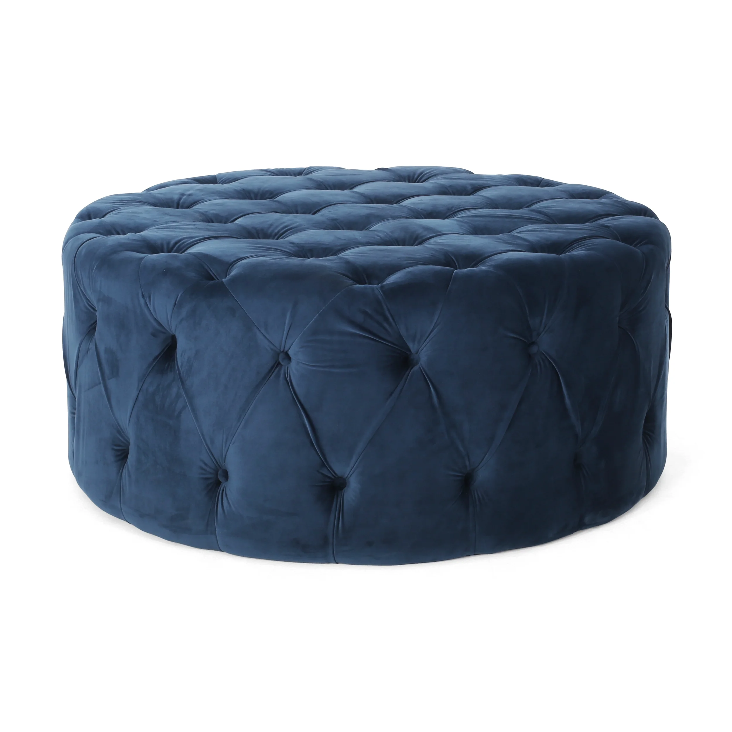 Noble House Vincent Modern Glam Round Tufted Velvet Ottoman, Blue