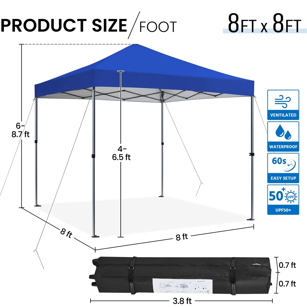 Yaheetech 8x8ft Pop-up Canopy with with One-Push-To-Lock Setup Mechanism, Blue