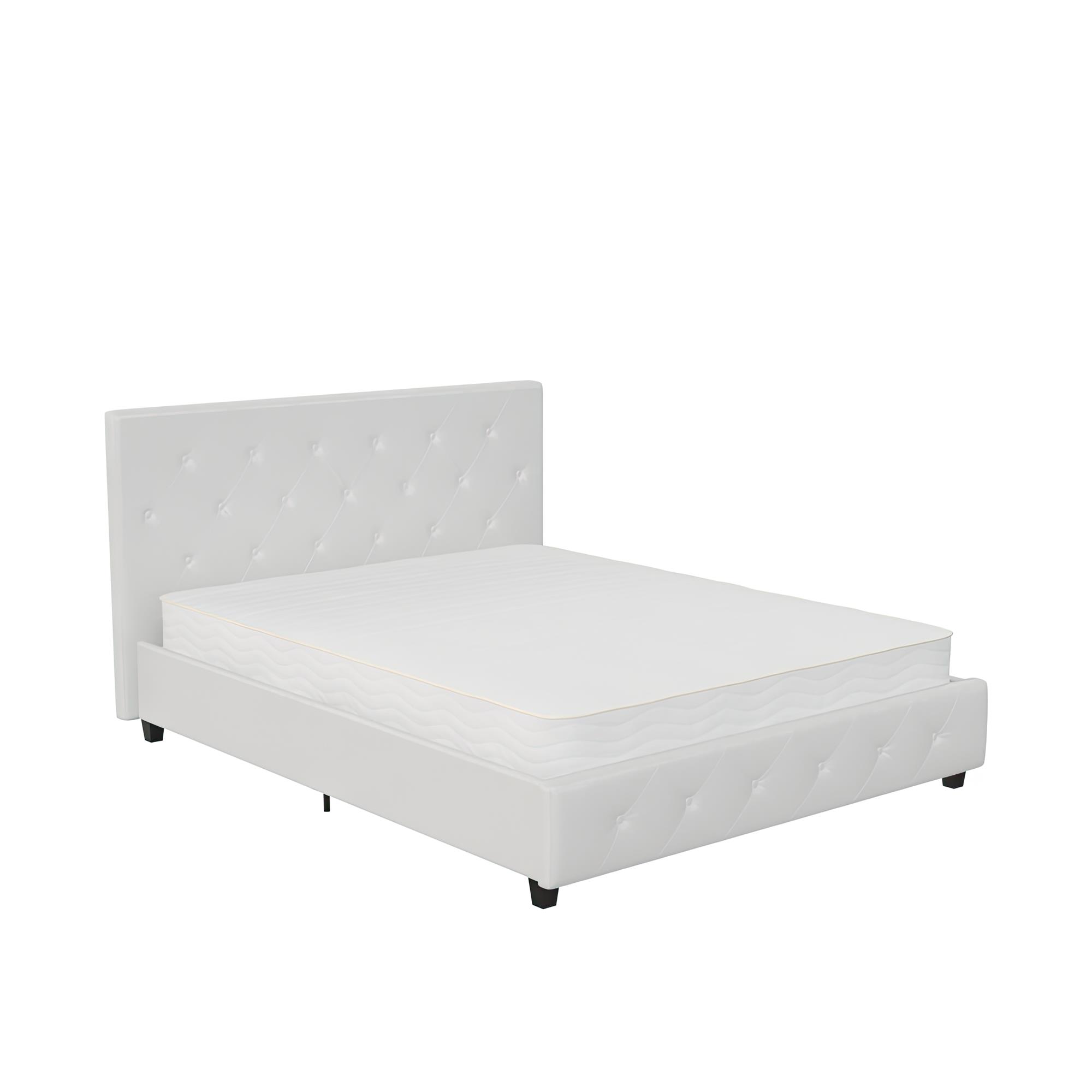 DHP Dakota Upholstered Bed with Signature Sleep Tranquil 8-Inch Pocket Spring Mattress, Full, White