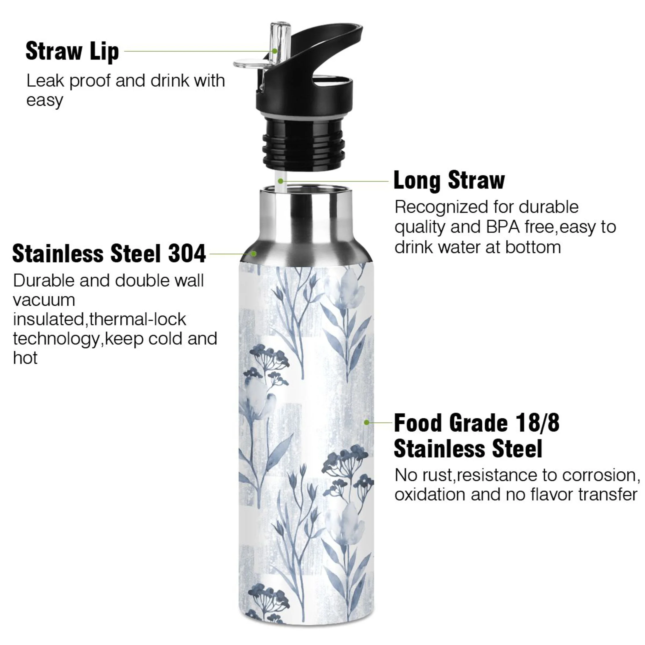 Water Bottle with Straw Lid Leak Floral with Wildflowers Stainless Steel Insulated Thermos Vacuum Flask for Cold Hot Drinking for Sports Camping Gym Yoga