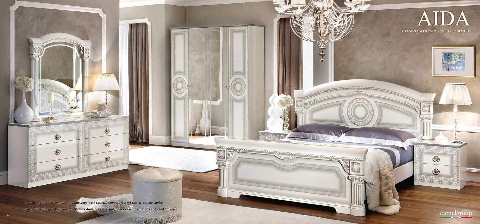 Glossy White Silver Finish King Platform Bedroom Set 5Pcs Made in Italy ESF Aida