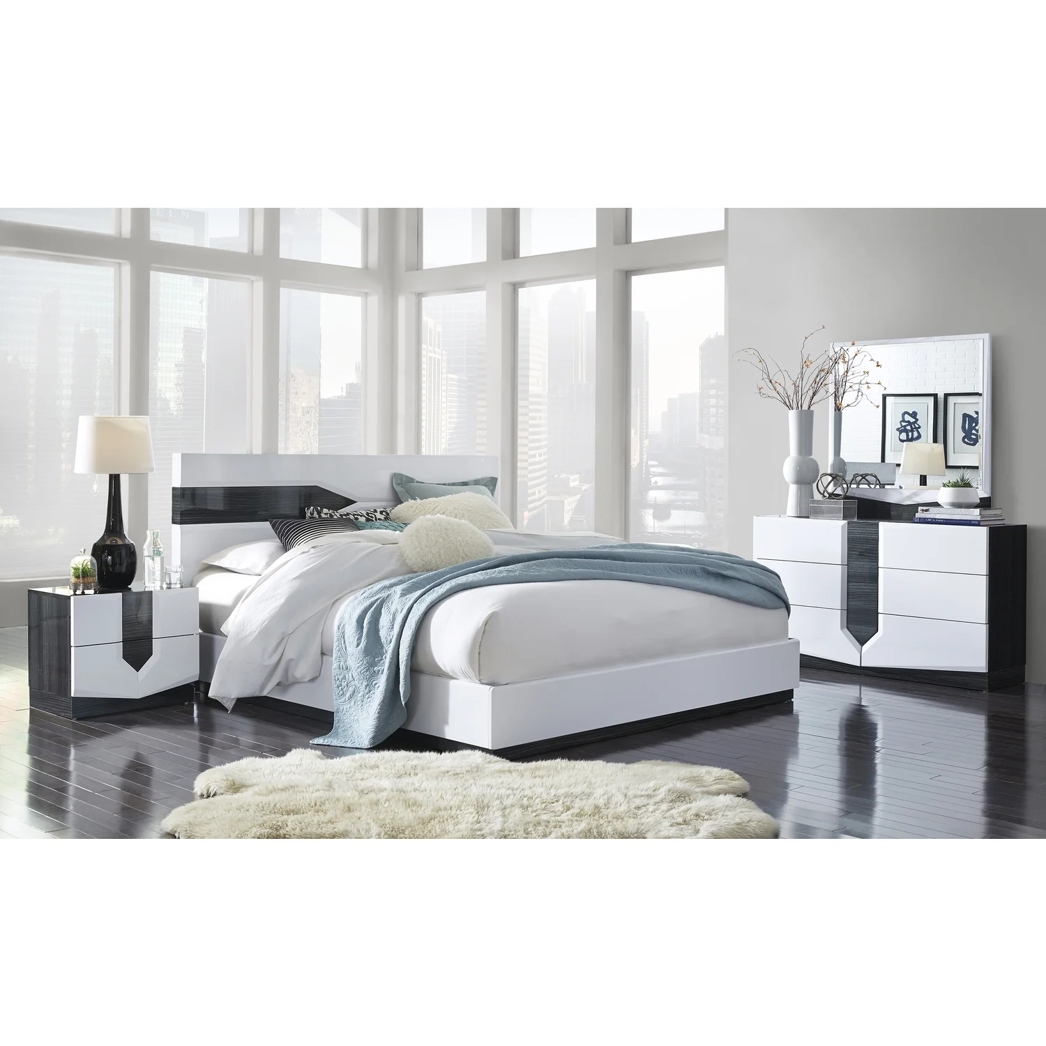 Global Furniture USA Hudson King Bed Zebrano Gray / White High Gloss