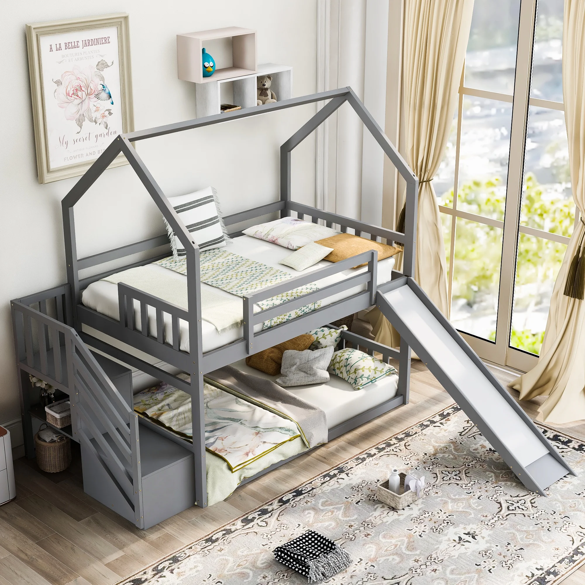 Dawn Whisper Twin over Twin House Bunk Bed with Convertible Slide, Storage Staircase, Gray